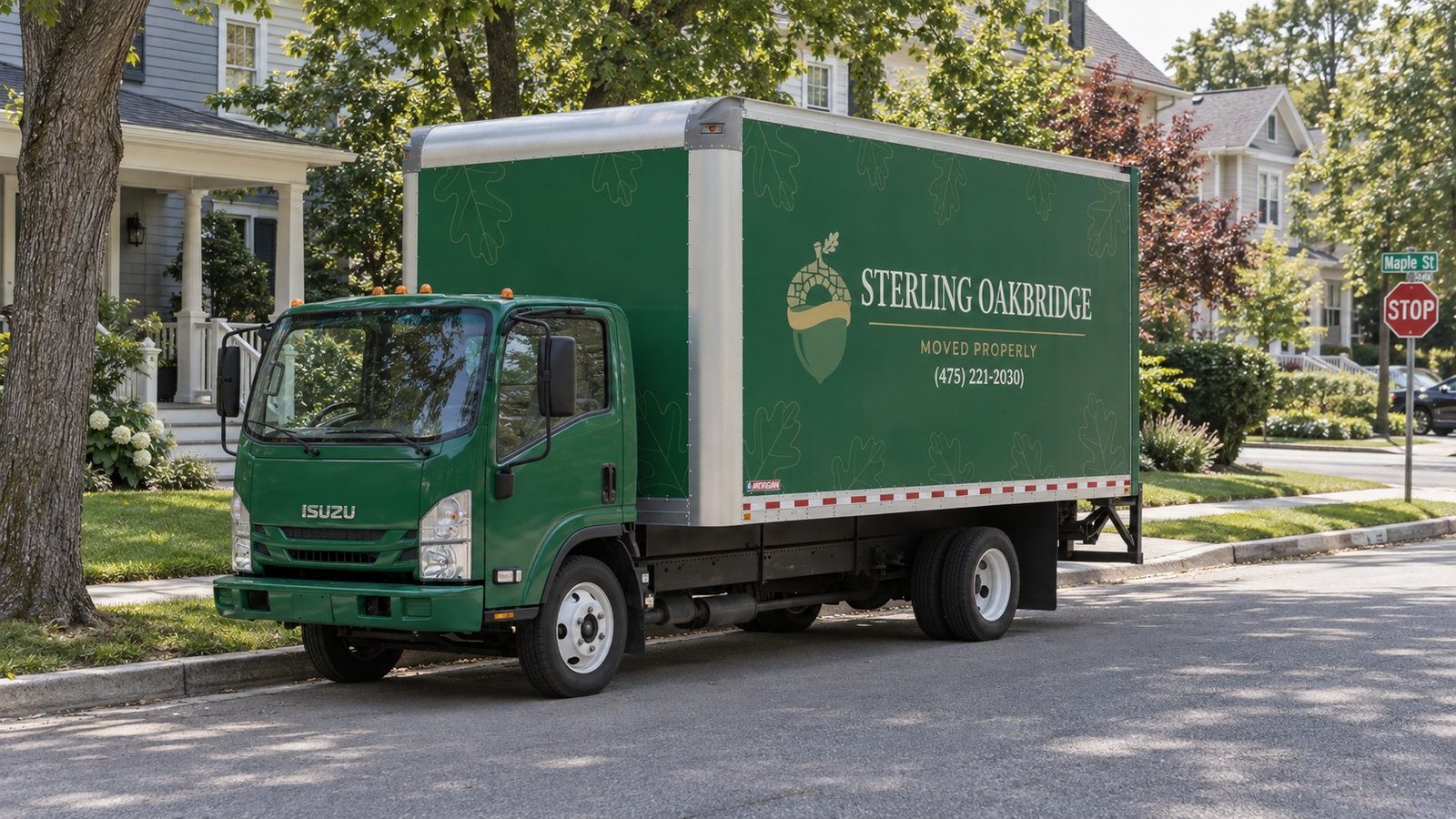 Planning truck standing space A dark green Sterling Oakbridge box truck standing on the roadway beside a residential curb.
