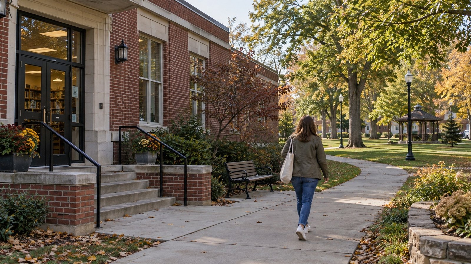 A pedestrian walking beside an illustrative brick civic building toward a park gazebo.