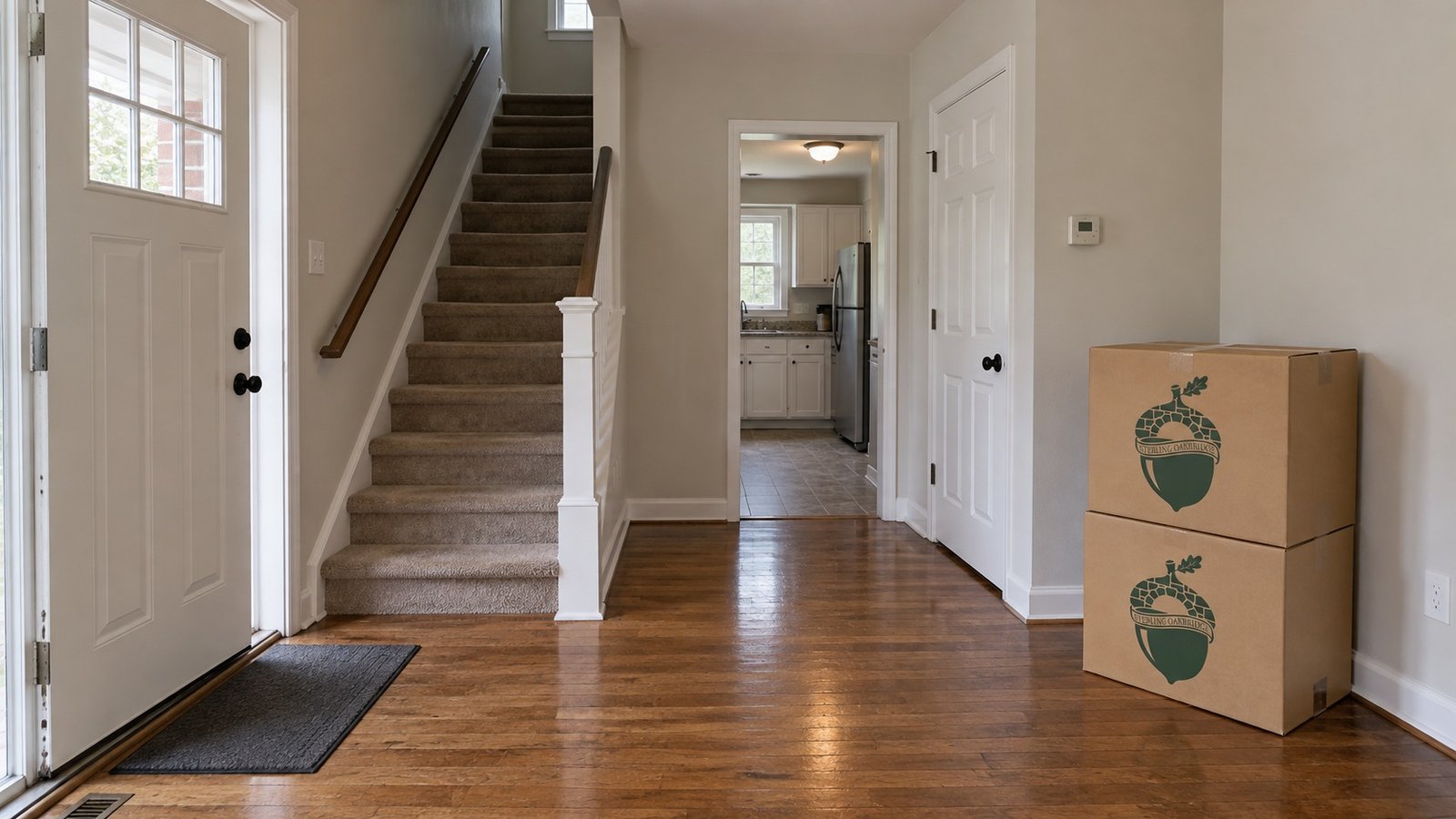 A house interior with a staircase, open front door and two closed kraft cartons by the wall.