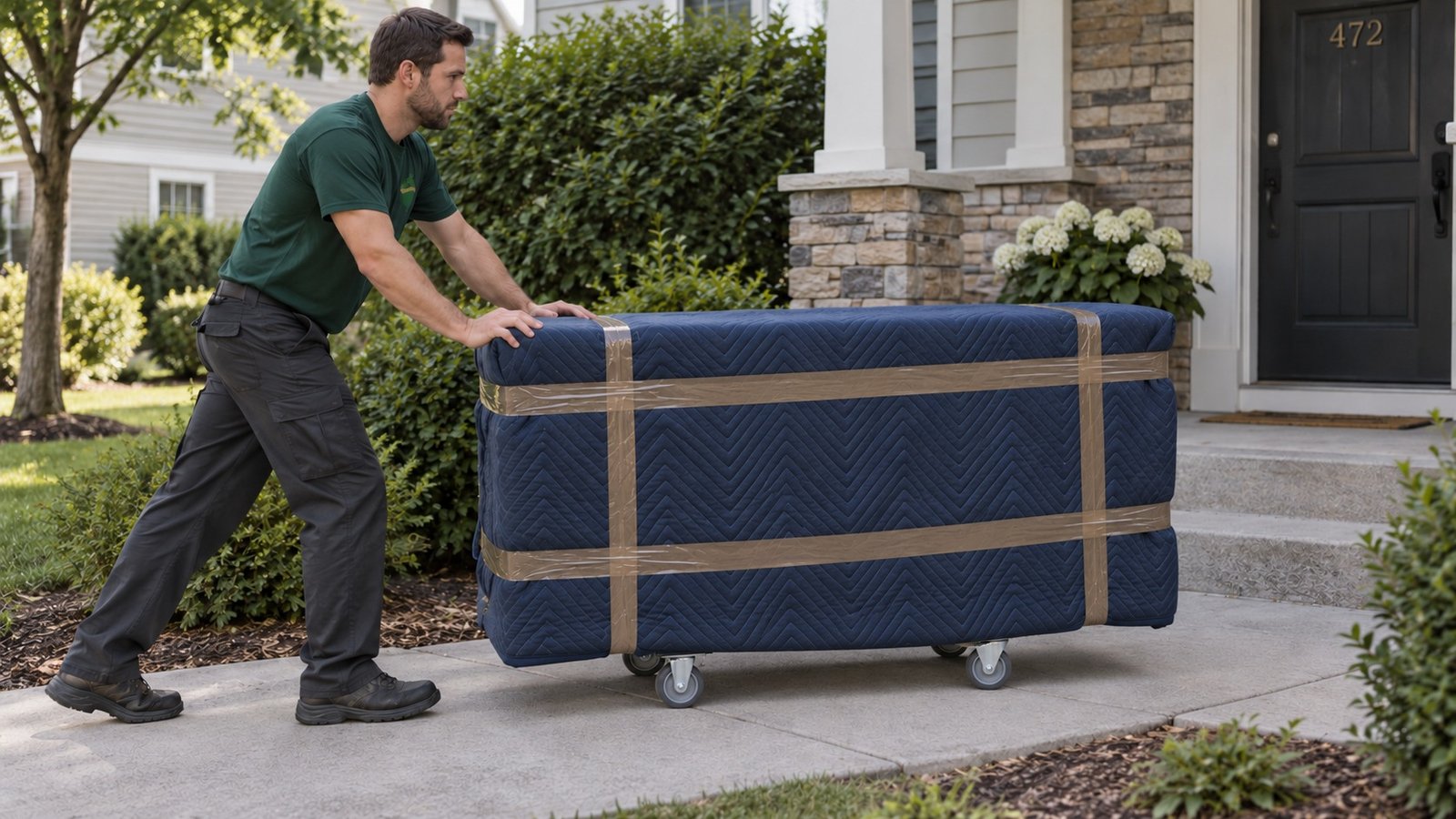 Moving the protected dresser A mover pushing a fully blanket-wrapped dresser on a compact furniture dolly along level paving.