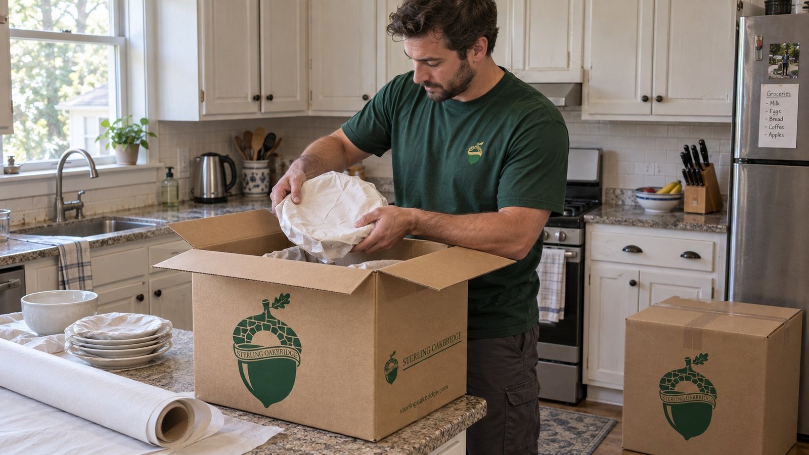 Packing the kitchen A mover in a dark green Sterling Oakbridge shirt placing wrapped dishes into an open kraft carton.