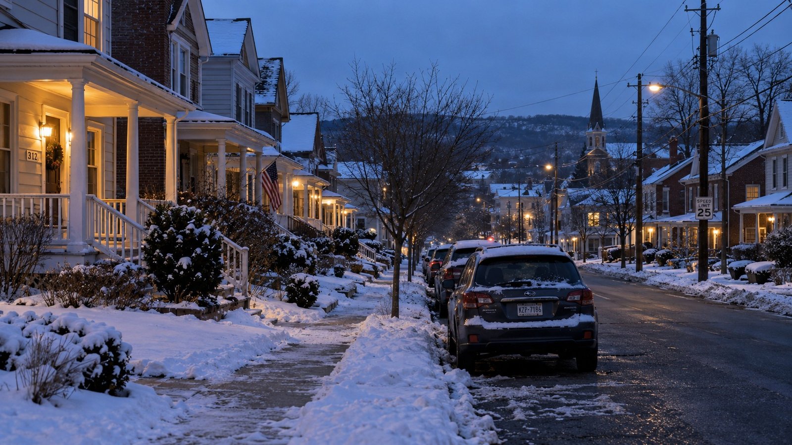 An illustrative residential street at winter dusk with snow on yards, curbside cars and lit porches.