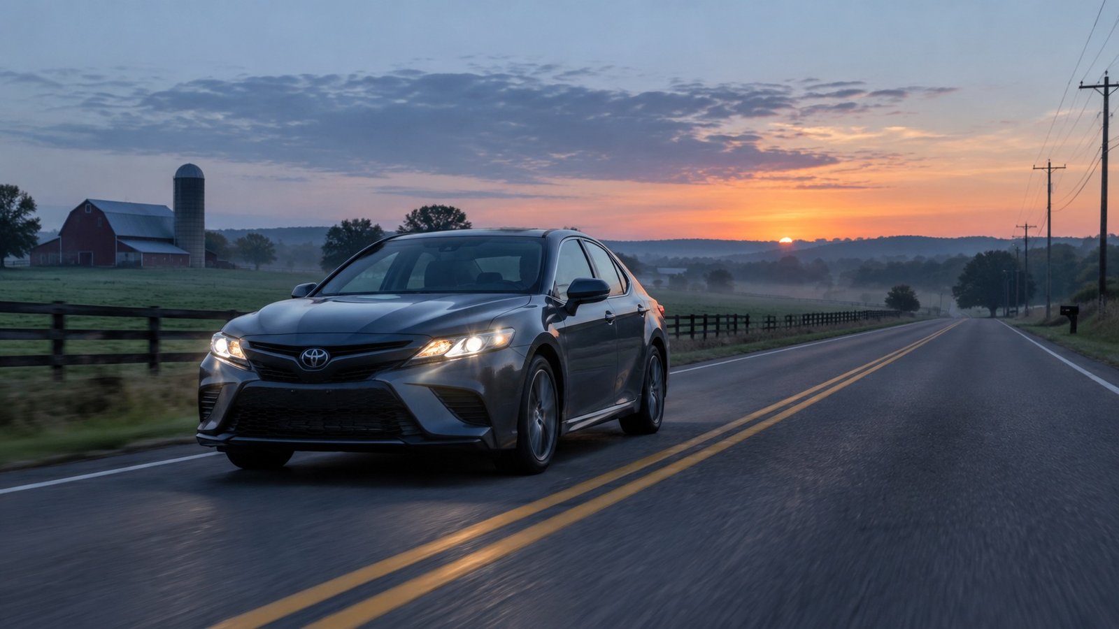 A car traveling on an illustrative two-lane road beside farmland at dawn.
