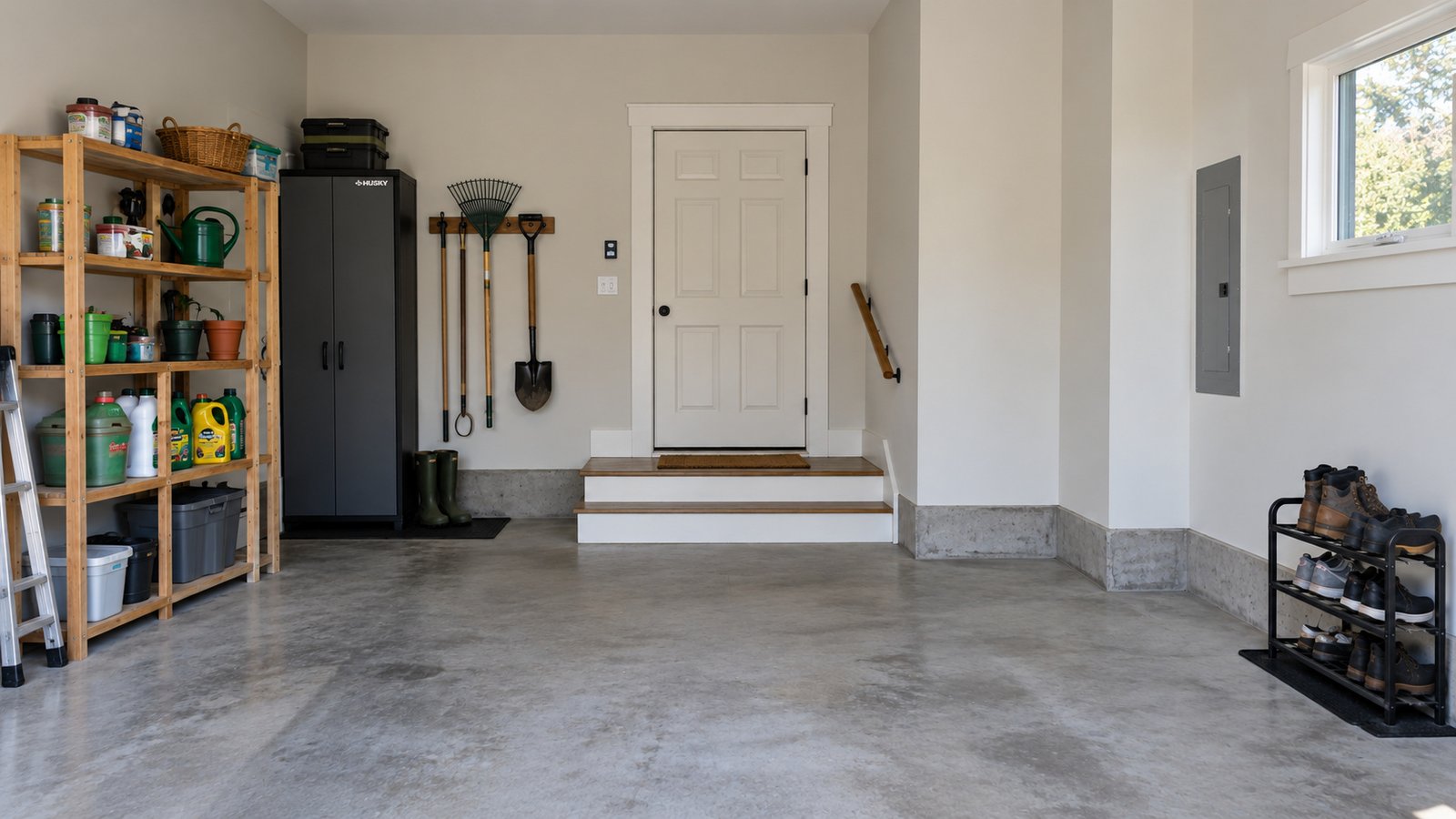 Checking changes of level Closed mudroom door above two shallow steps from a clear garage floor.