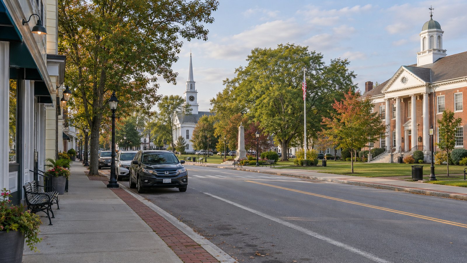 Small town-center street with a common, white church and civic buildings.