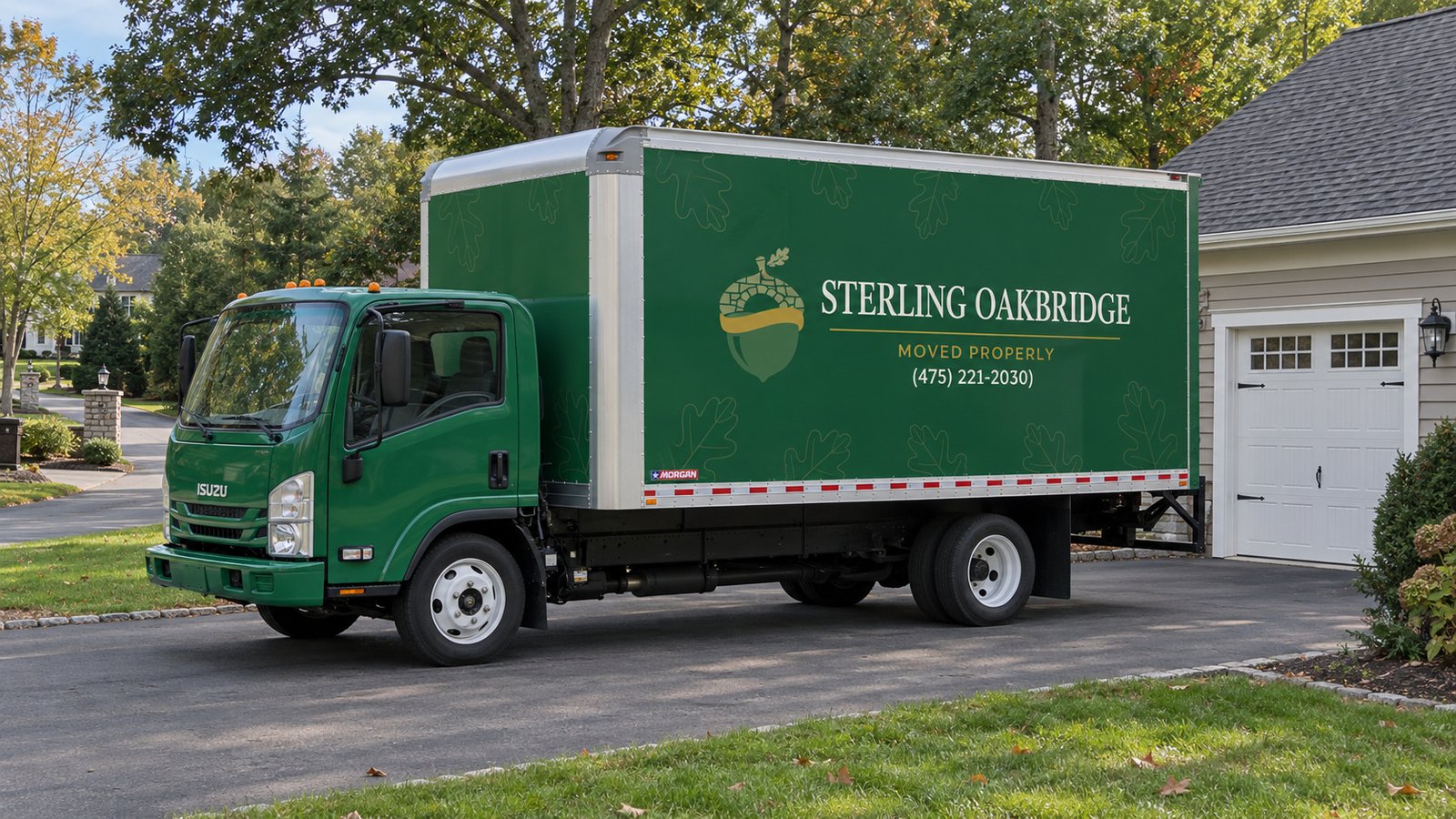 Planning the truck position Green Sterling Oakbridge box truck parked on a level private driveway beside a garage.