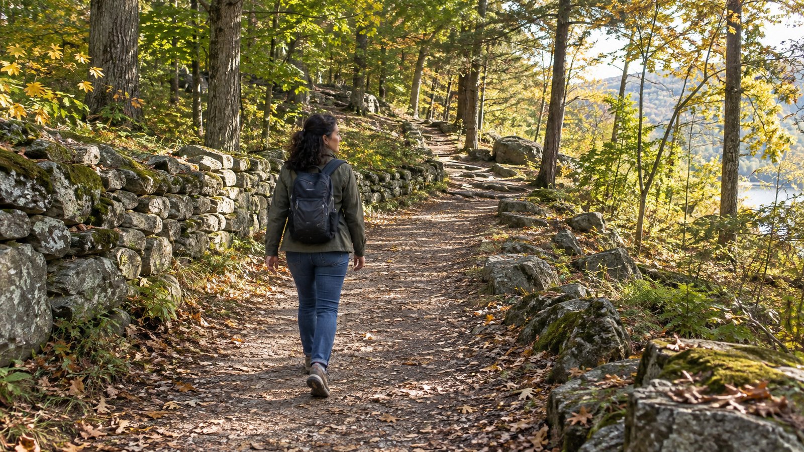Woman walking on a wooded trail beside low stone walls in autumn.