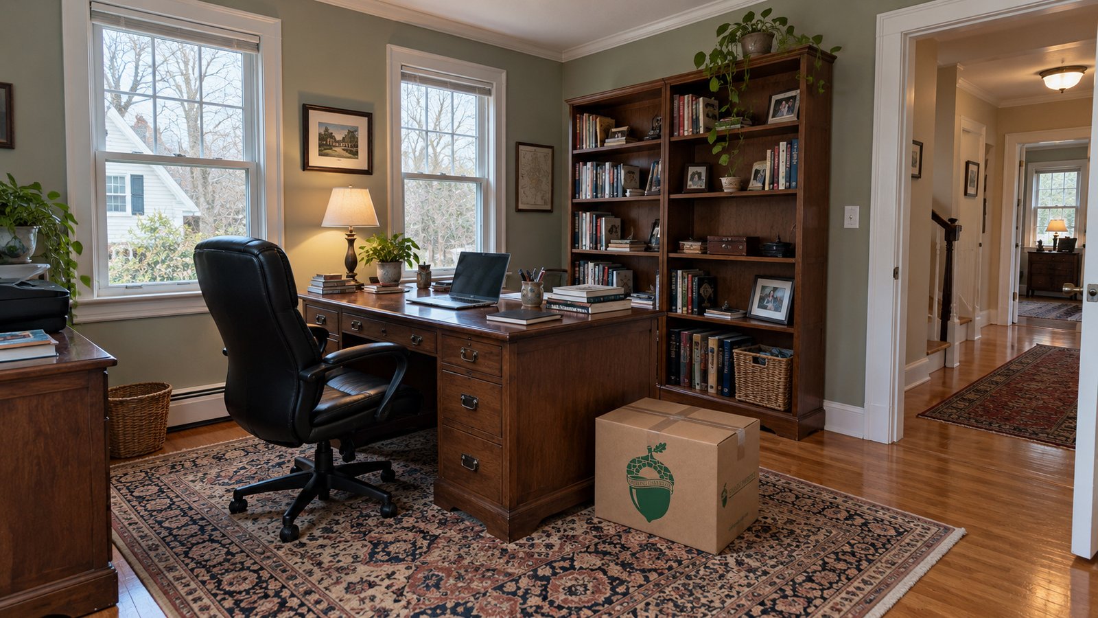 Home office with a wooden desk, chair, bookshelves and one closed kraft carton.