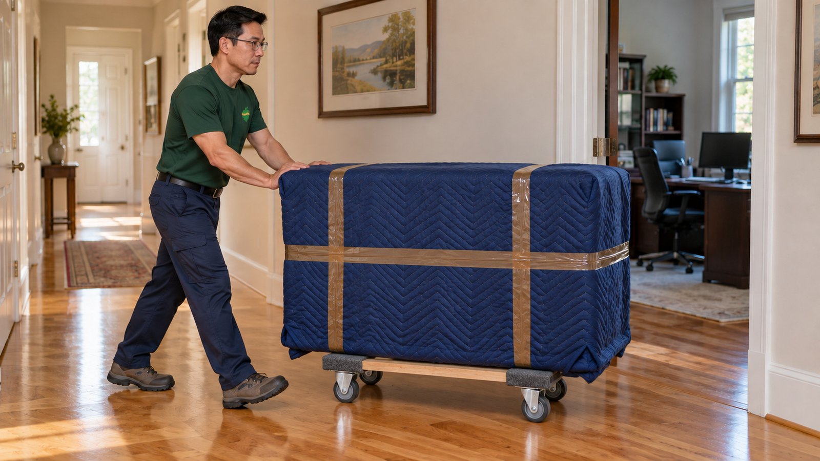 A mover guides a blanket-protected dresser on a compact furniture dolly through an indoor hallway.