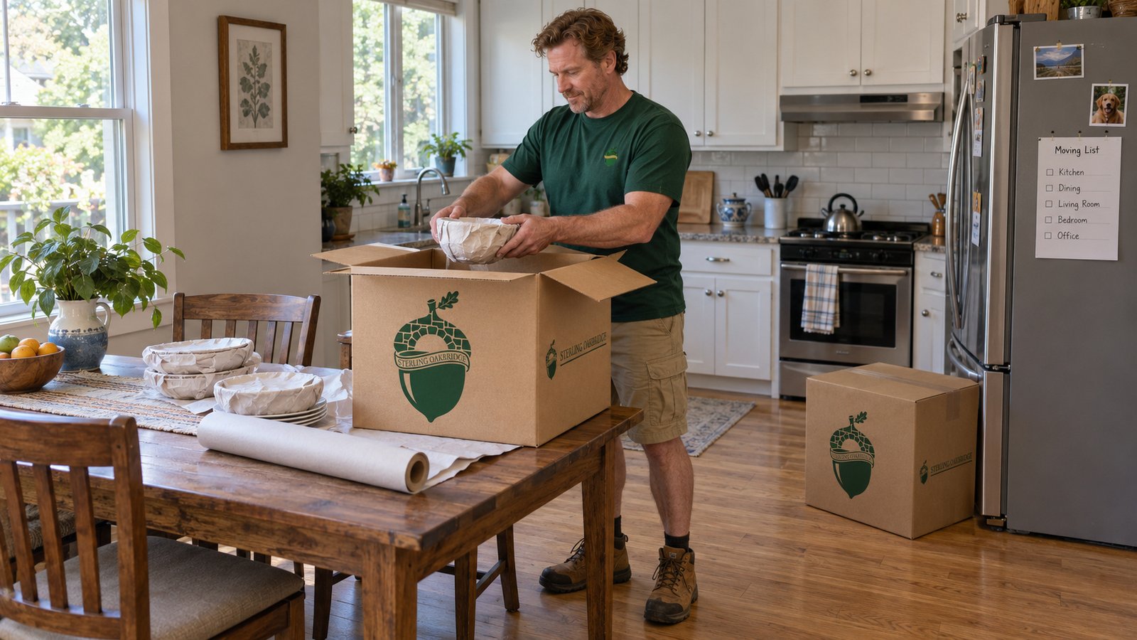 Packing the kitchen Male mover holding a paper-wrapped bowl above an open kraft carton on a kitchen table.