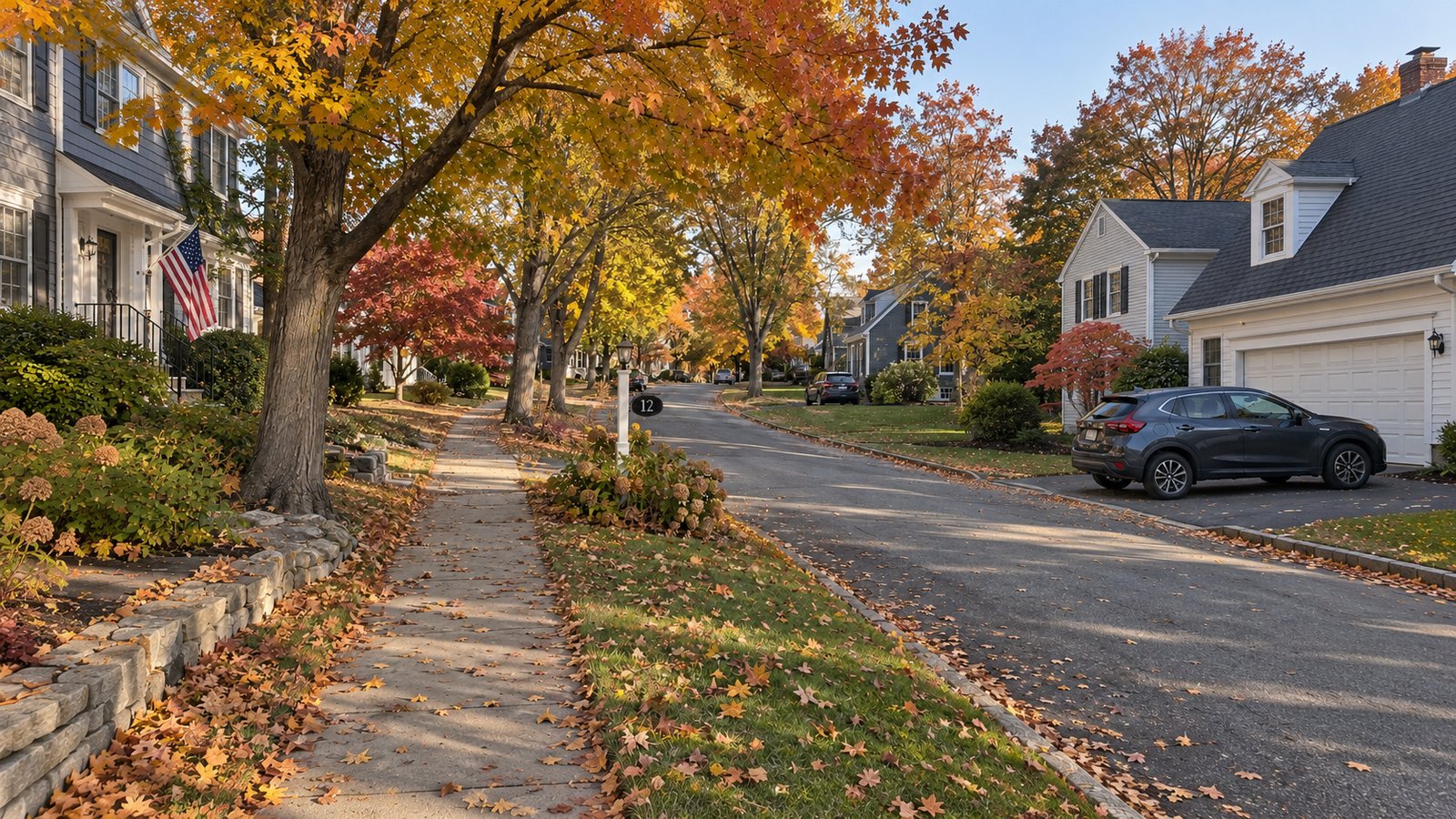 Curving residential street with autumn maples, sidewalks and a complete parked car on a driveway.