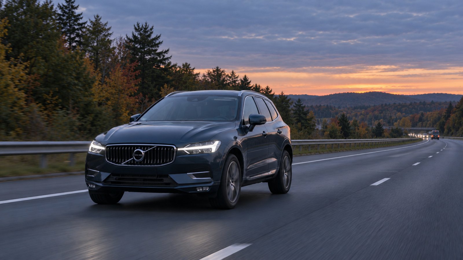 Complete dark SUV on a multilane road at dawn with low wooded hills beyond.