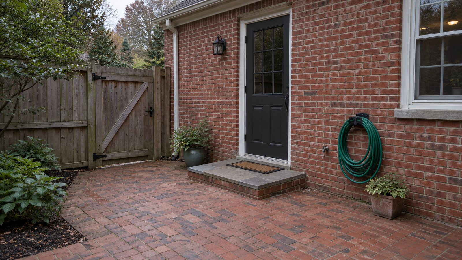 Survey the whole approach A closed rear door and low stone step connected to a brick courtyard and closed wooden garden gate.