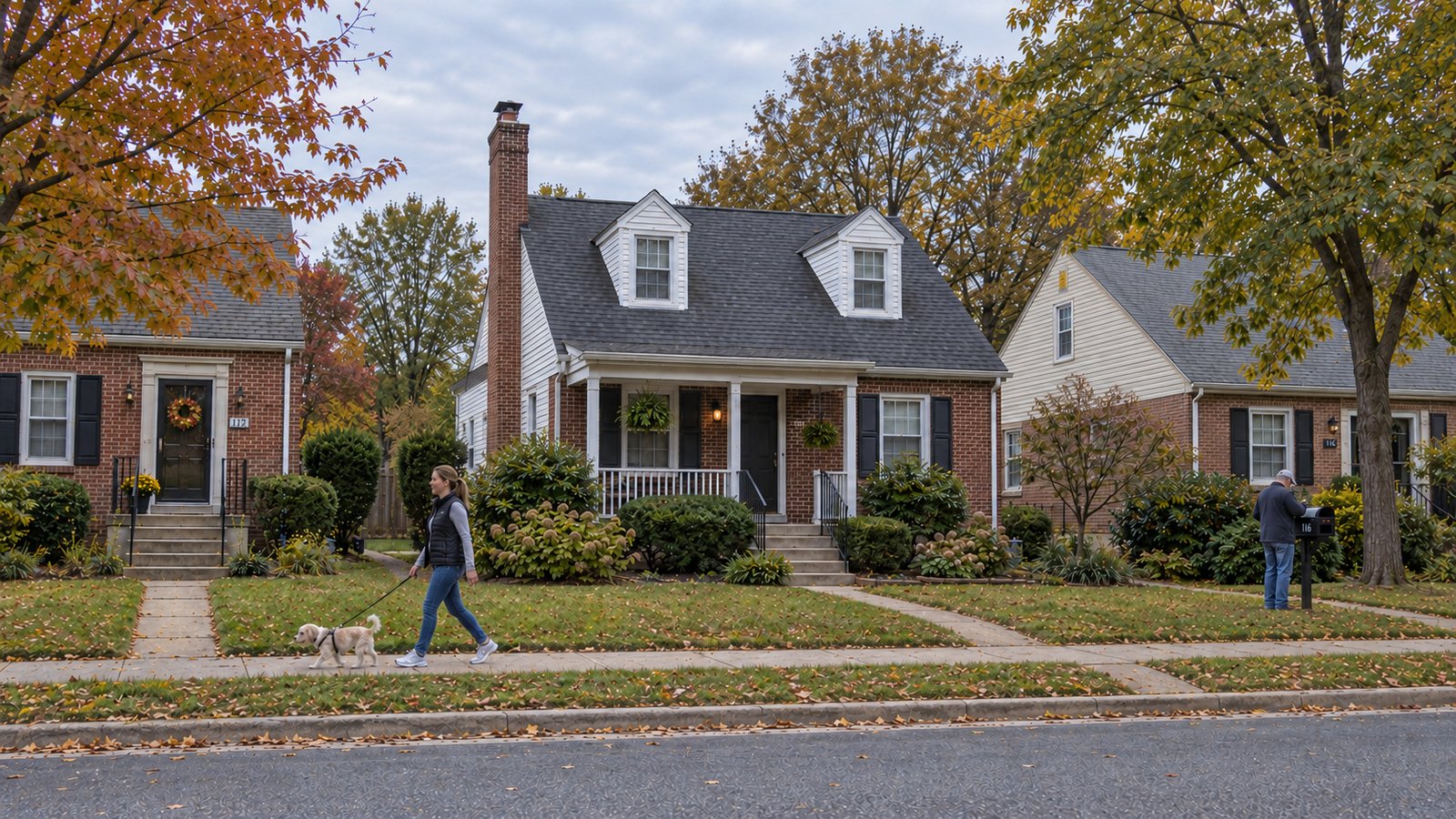 Explore the receiving address A woman walking a small dog along a residential sidewalk while a man checks a mailbox beside brick homes.