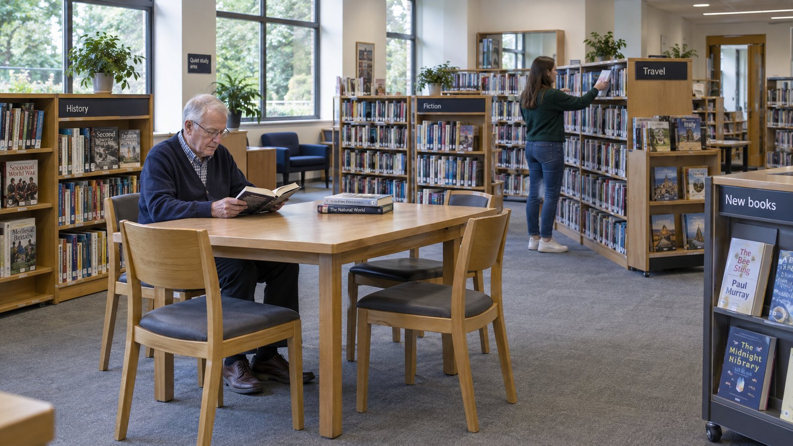 Establish daily resources An older man reading at a wooden library table, with a woman handling a book at a shelf farther back.
