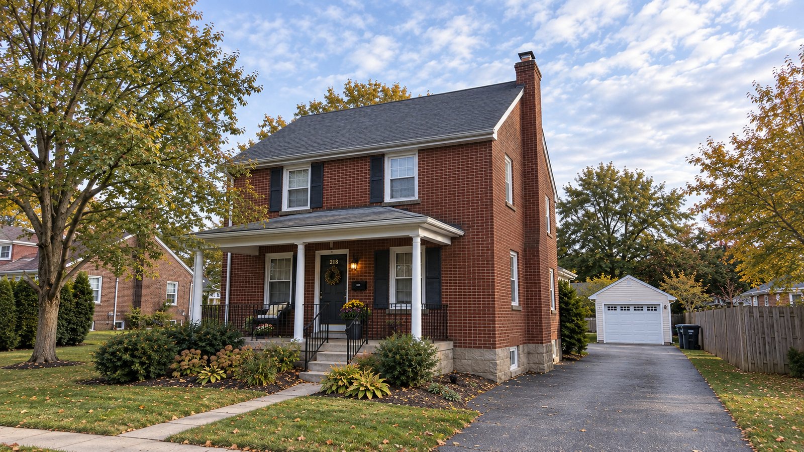 Review the receiving home A two-story brick home with a covered porch, full chimney, front walk and driveway to a detached garage.
