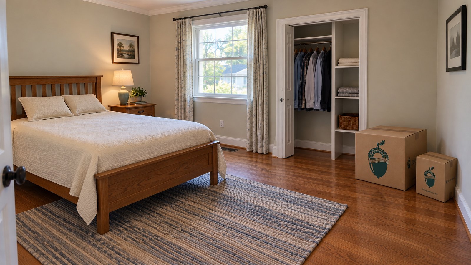 Keep everyday rooms usable A bedroom with a wooden bed, open clothes closet and two closed kraft cartons along a side wall.