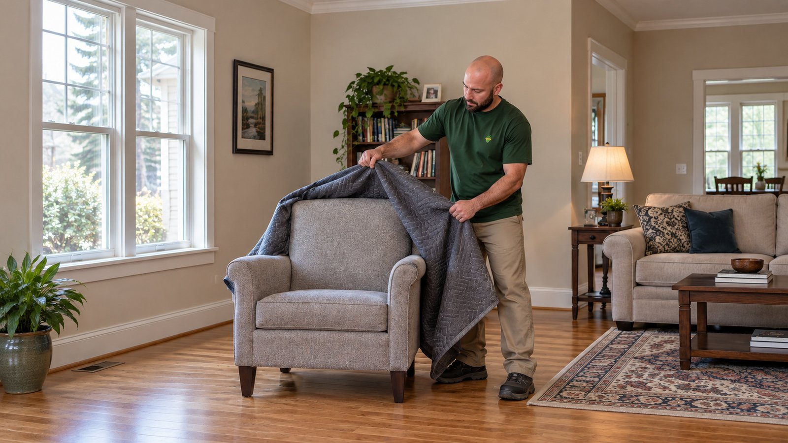 Plan furniture placement A male mover lifting a single gray protective blanket from an upholstered wooden armchair after delivery.