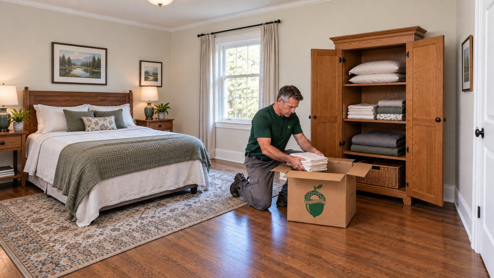 Prepare household contents A male employee kneeling to place folded linen into an open kraft Medium carton on a bedroom floor.