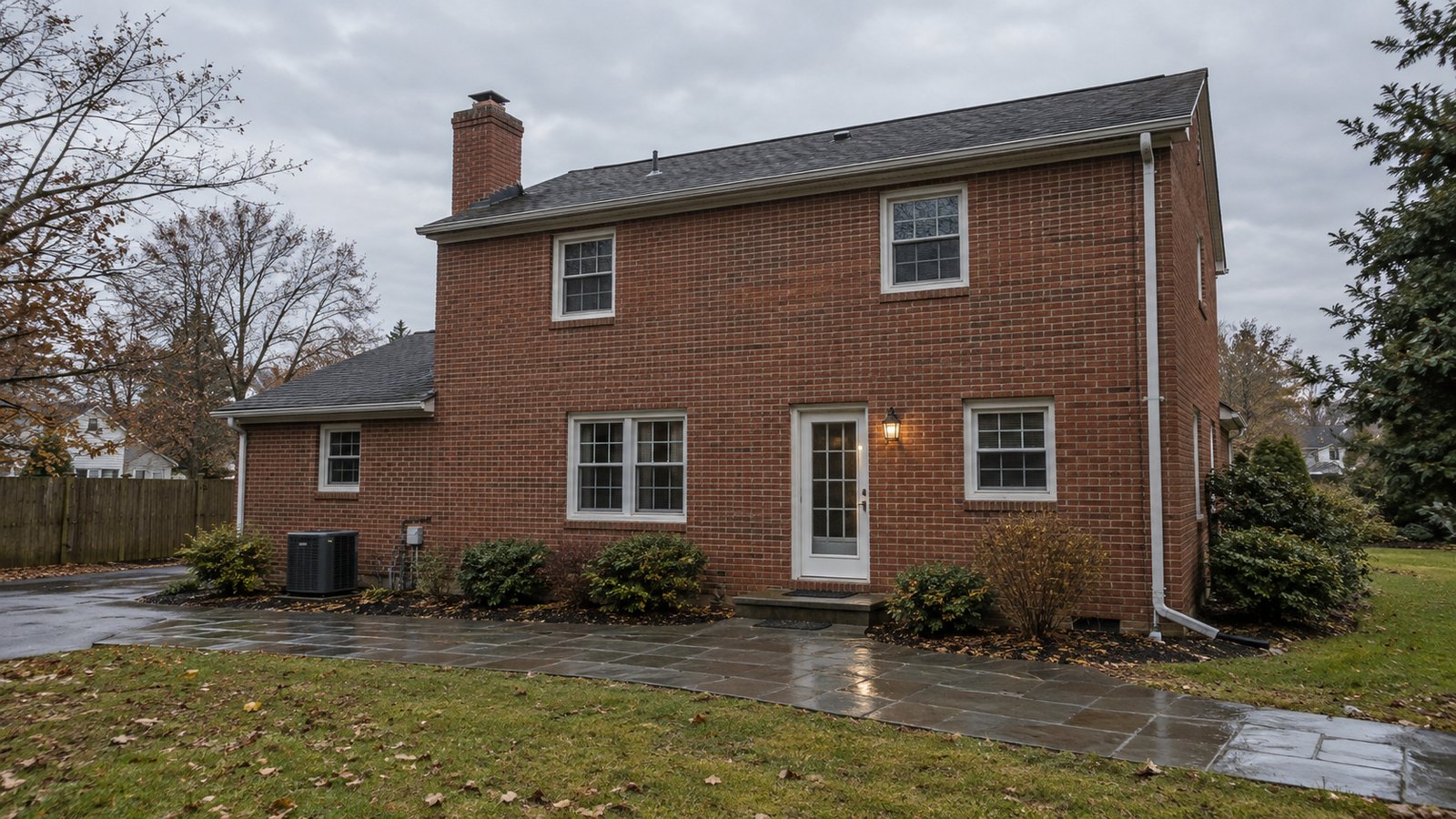 Prepare weather and access A complete brick house rear facade with a closed door, low step and wet paved approach after rain.