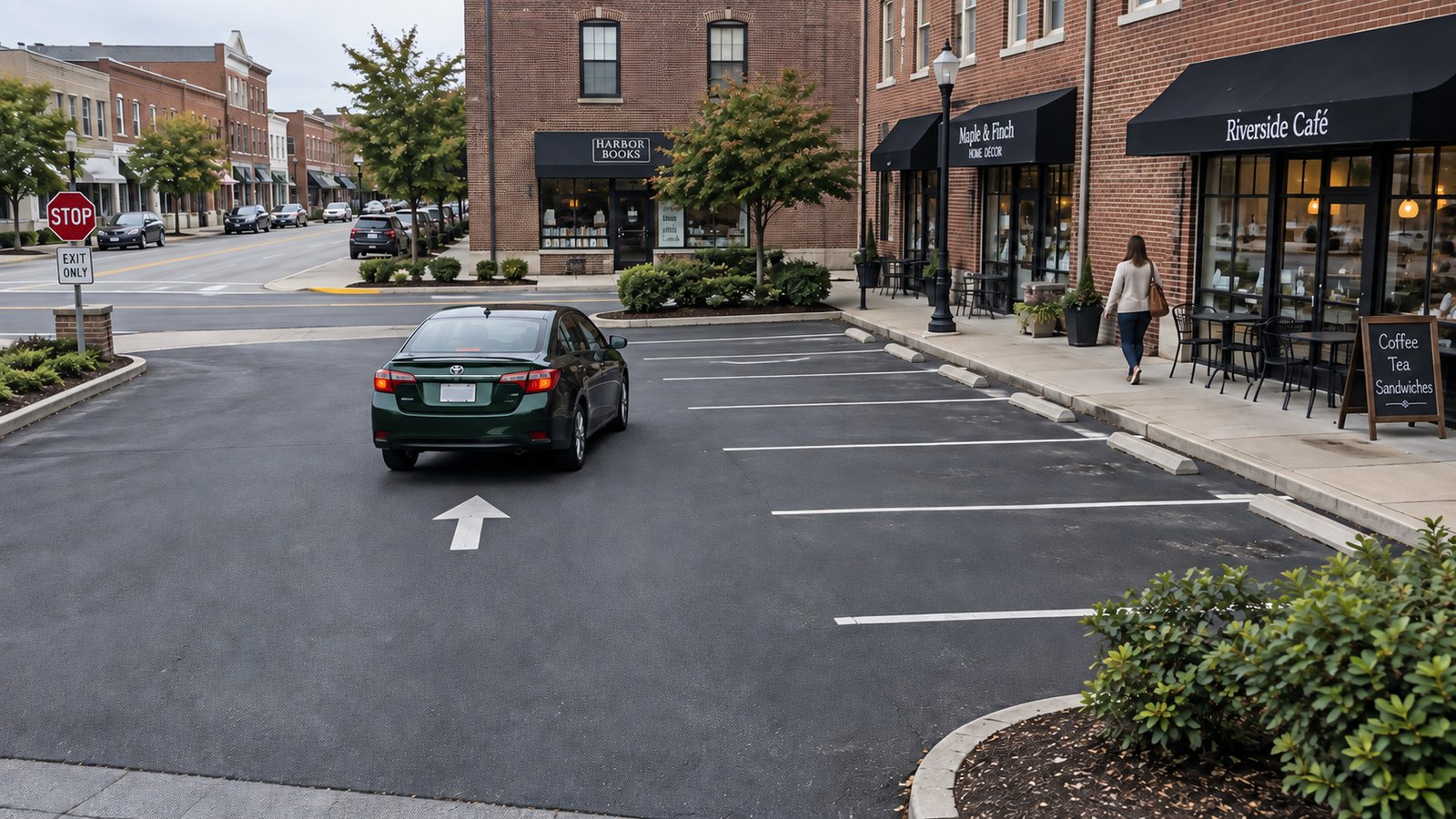 Test the complete daily trip A green car following an arrow toward the exit of a parking court beside brick storefronts, with a woman on the separate sidewalk.