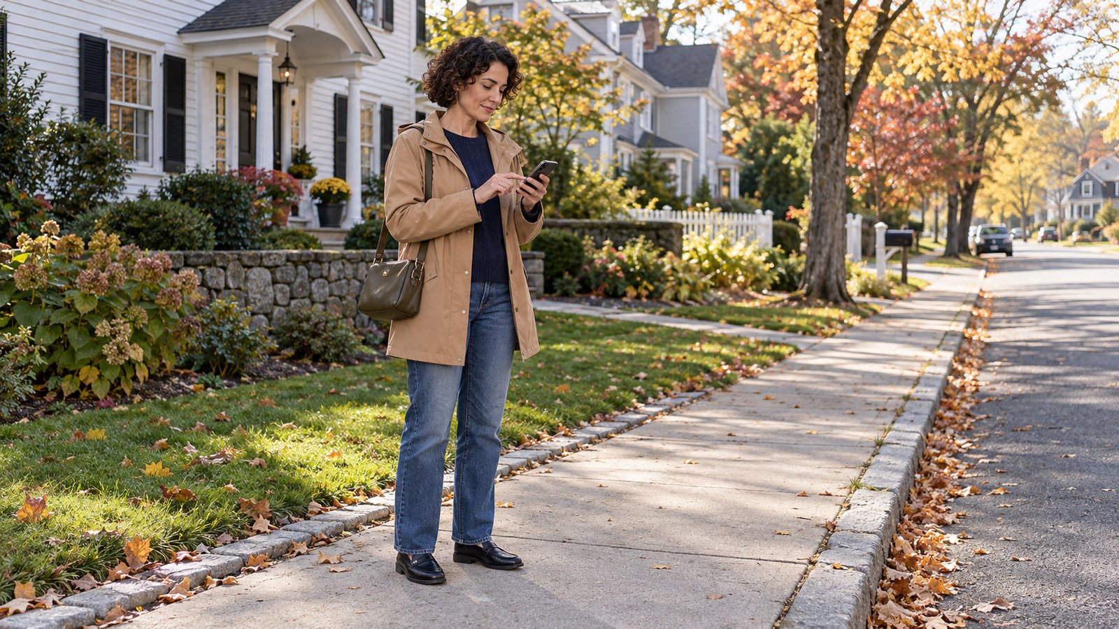 A whole resident checks a phone while waiting with a small bag at a residential curb