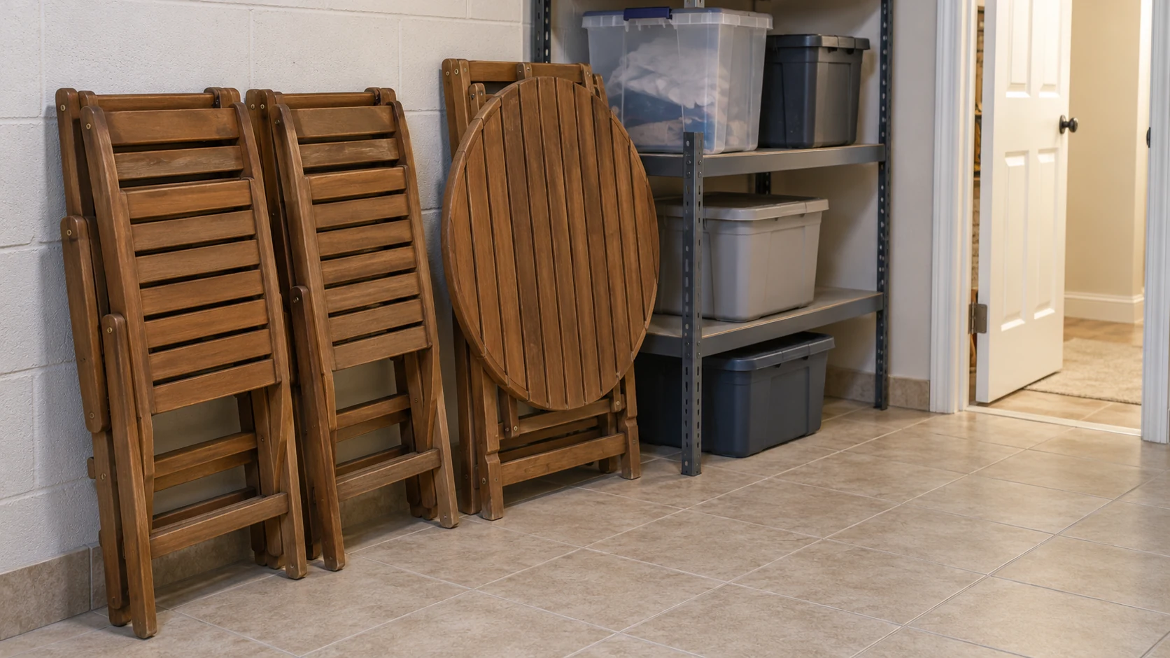 Two folding porch chairs and a folded round table stand in a tiled utility room