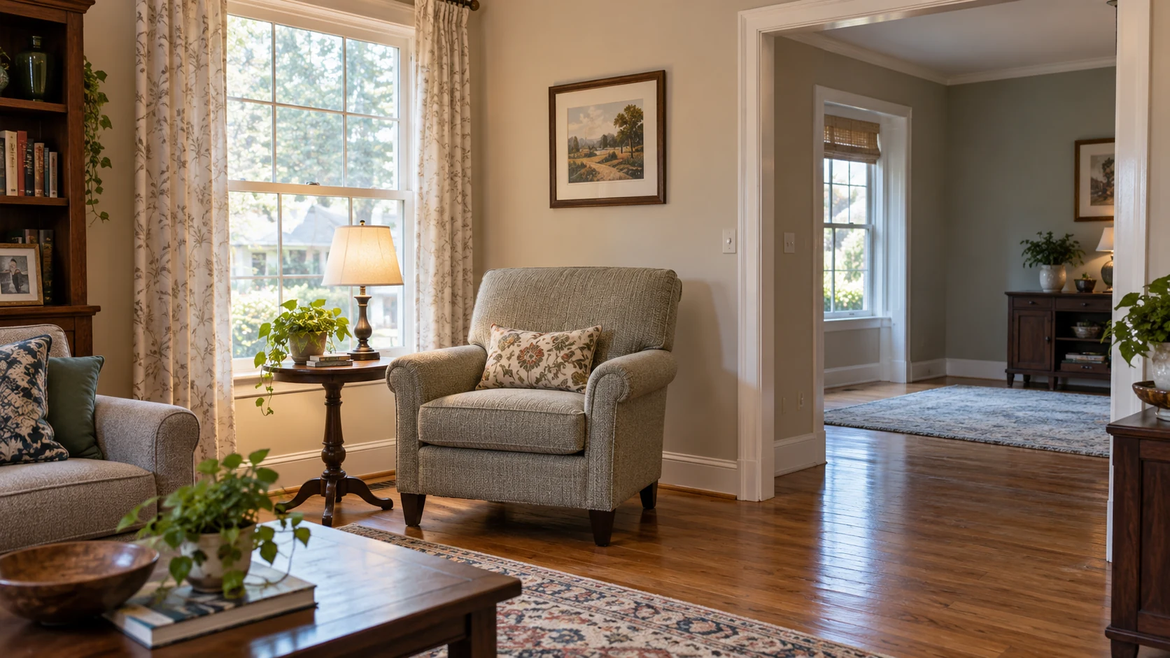 A complete armchair and a lamp stand beside a living-room window