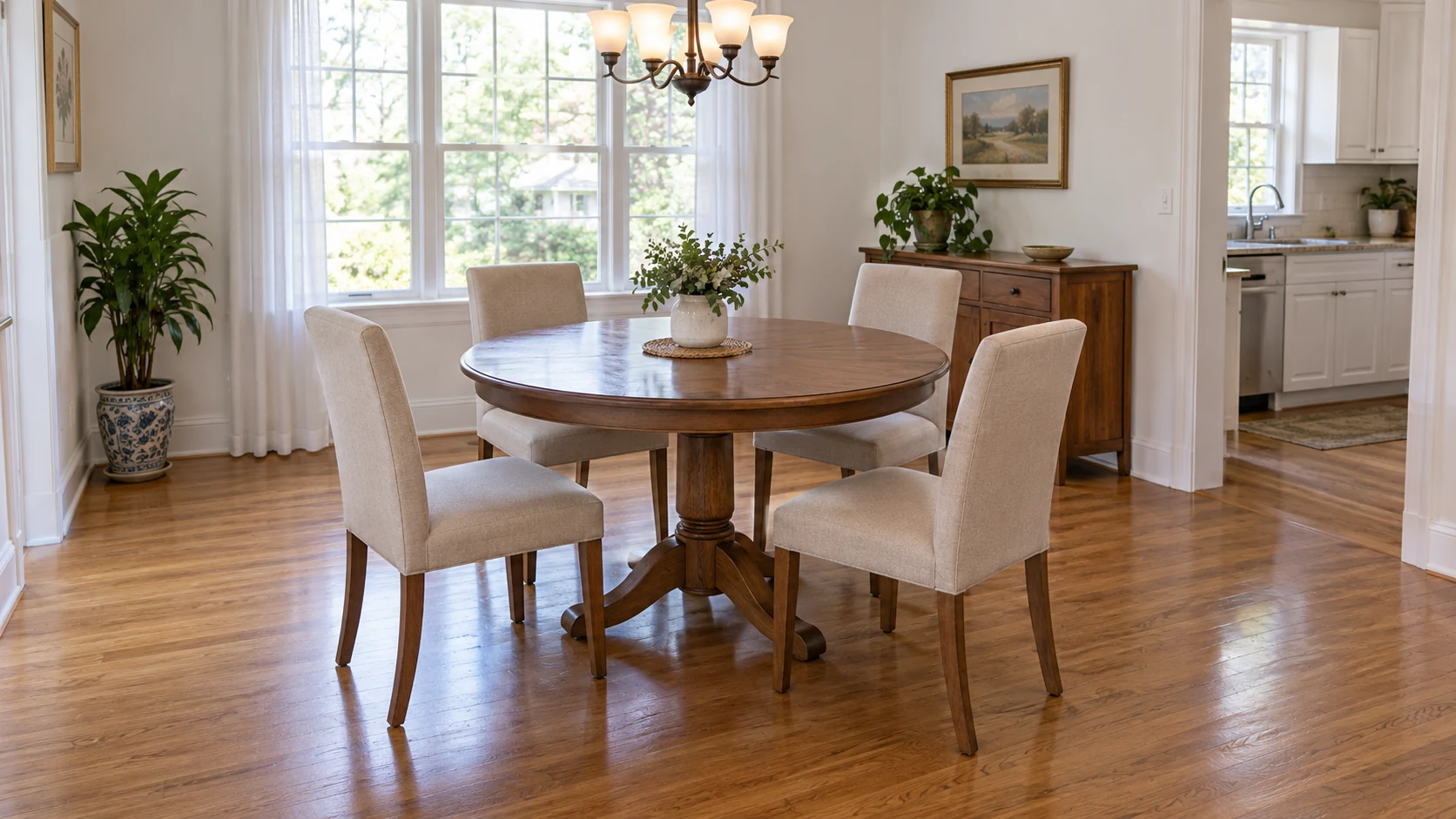 A whole dining table and chairs arranged in a lived-in room beside the kitchen