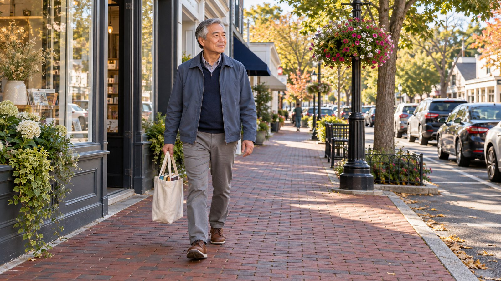 A whole resident carries library books in a cloth tote along a village sidewalk