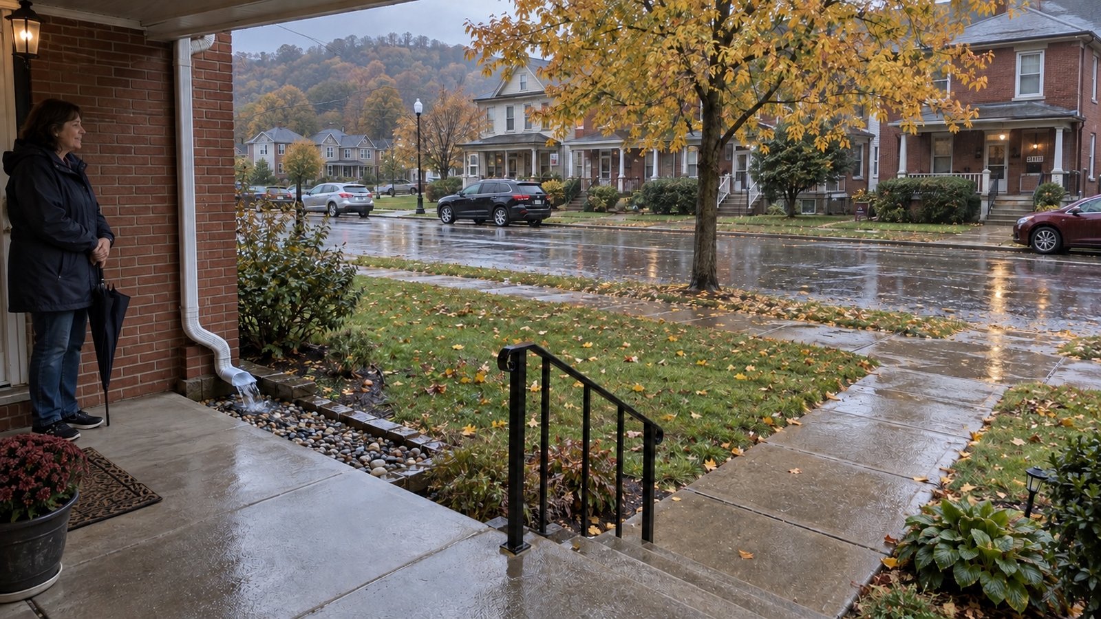Resident with a closed umbrella under a porch beside wet steps and a downspout draining into gravel