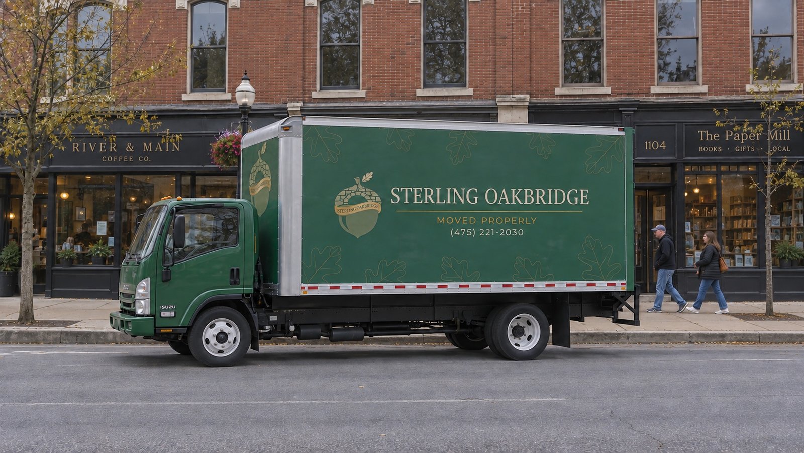 Green Sterling Oakbridge NPR20 truck parked parallel to a straight curb beside brick shopfronts and two pedestrians