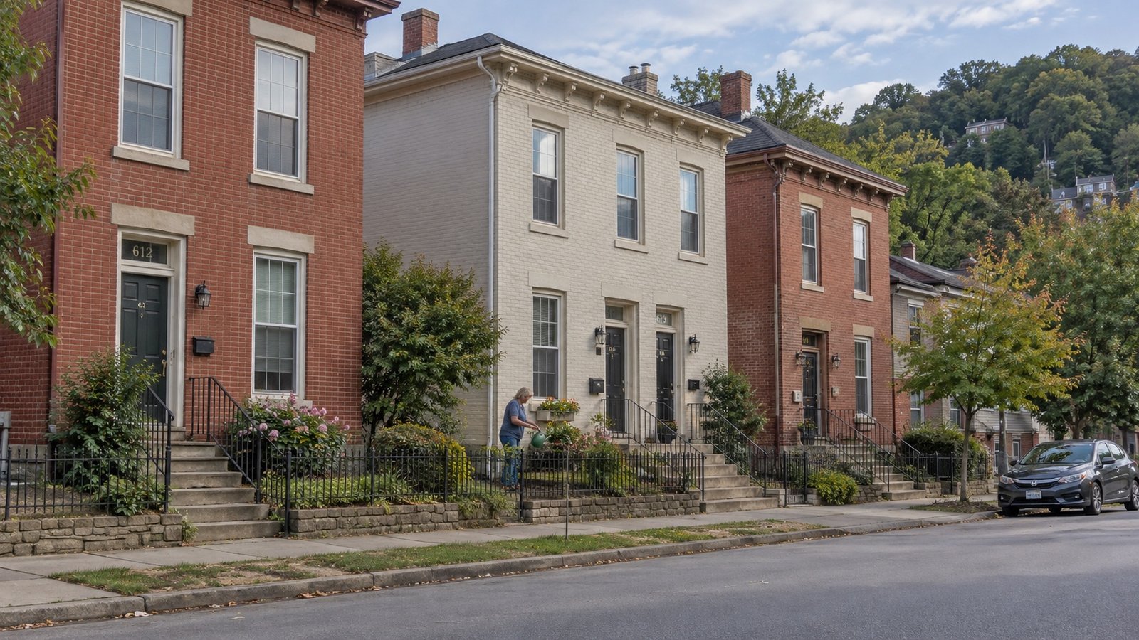 Brick townhouses and a tended garden Brick houses with short front steps, low fences and a resident watering a small garden