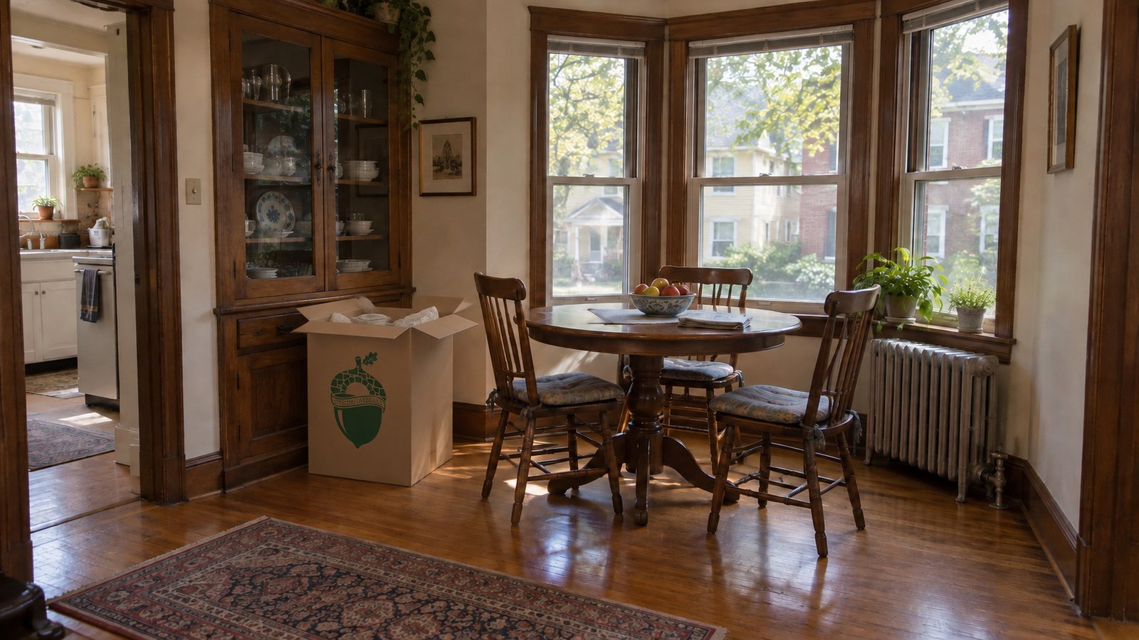 Open Sterling Oakbridge dish carton with packing paper beside a built-in china cabinet and a round dining table