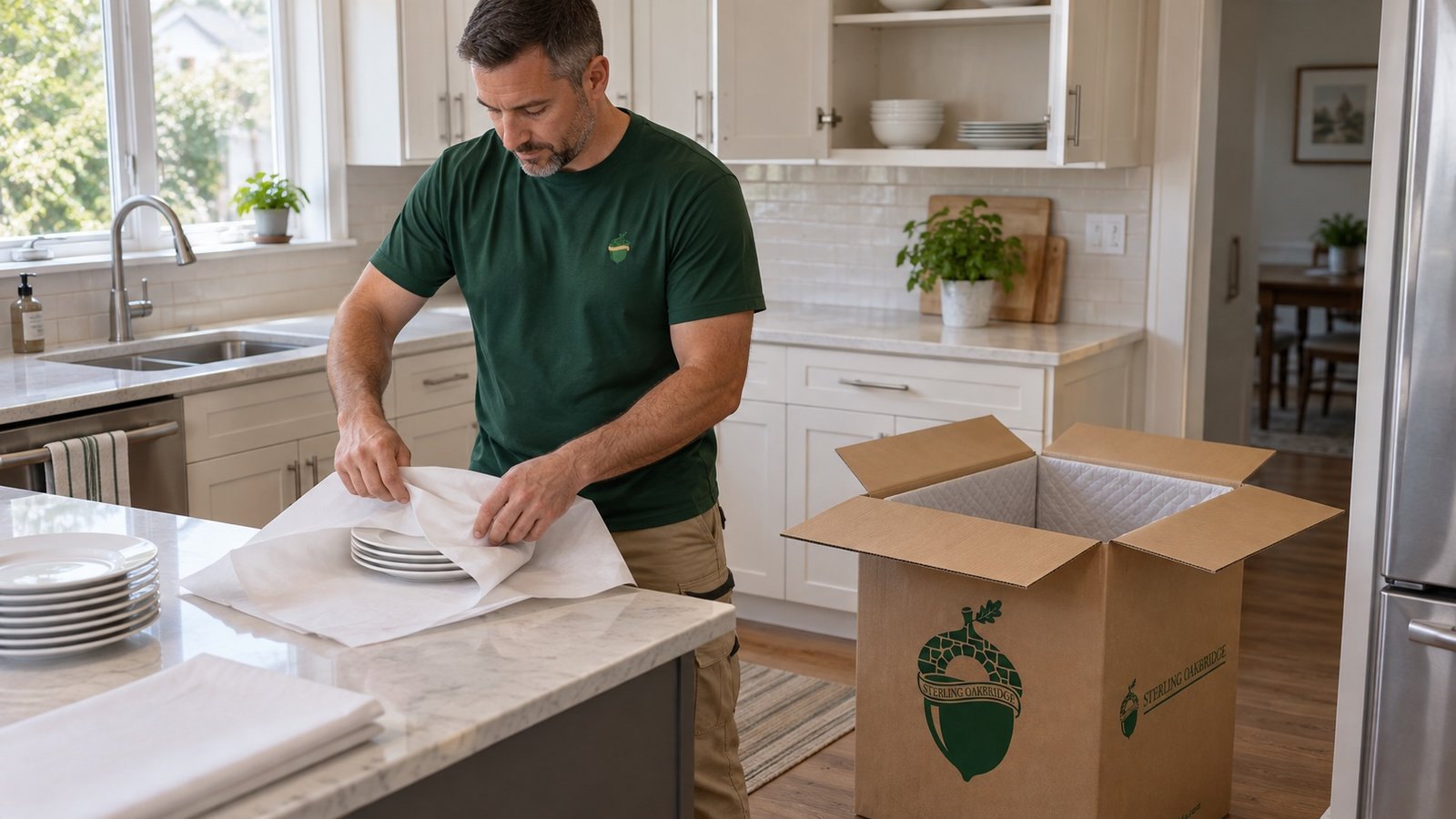 Packing plates at the kitchen island Mover wrapping white plates in paper on a kitchen island beside an open branded china carton
