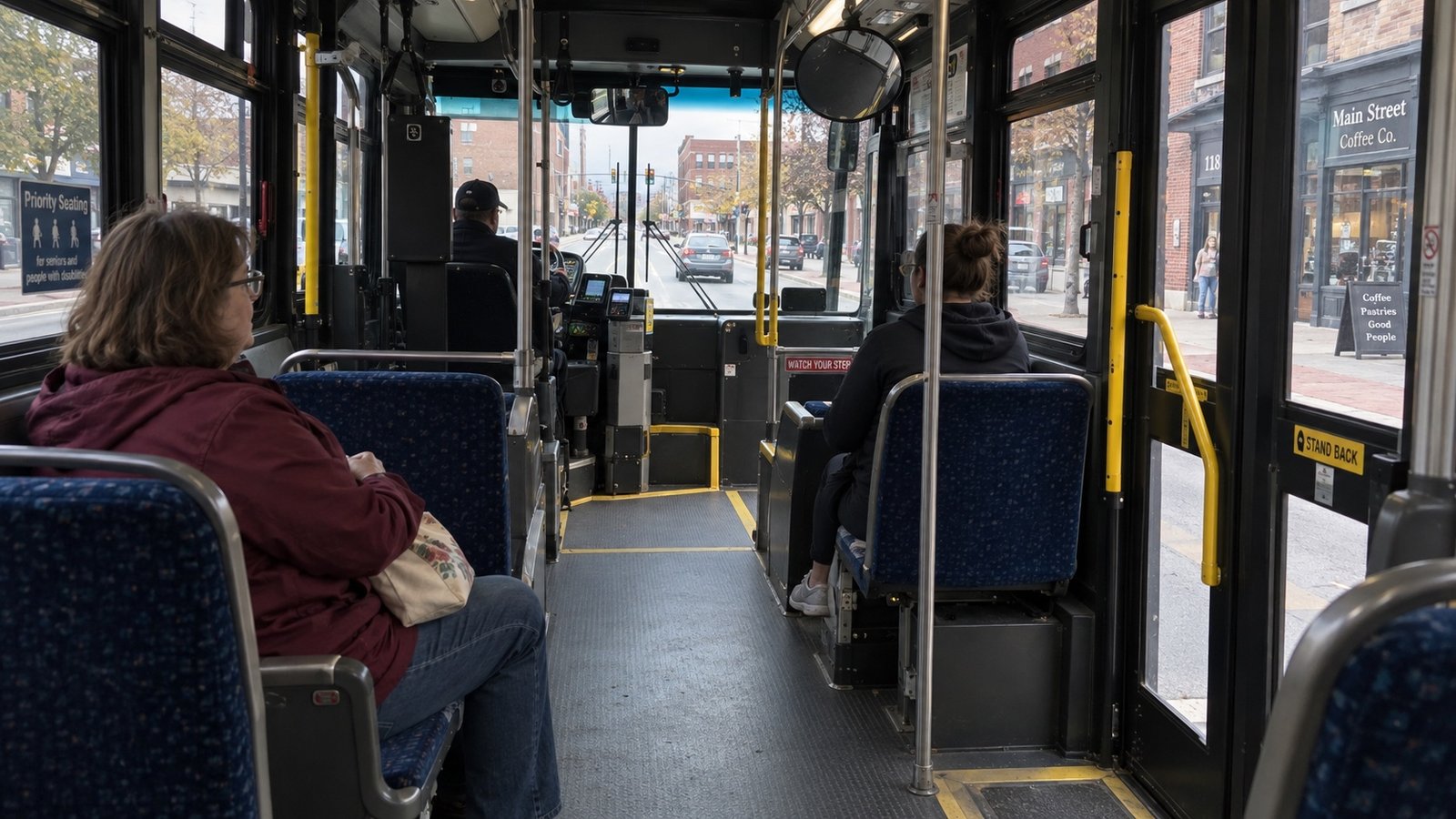 Passengers seated on a city bus with a clear central aisle and a view toward the driver and front door