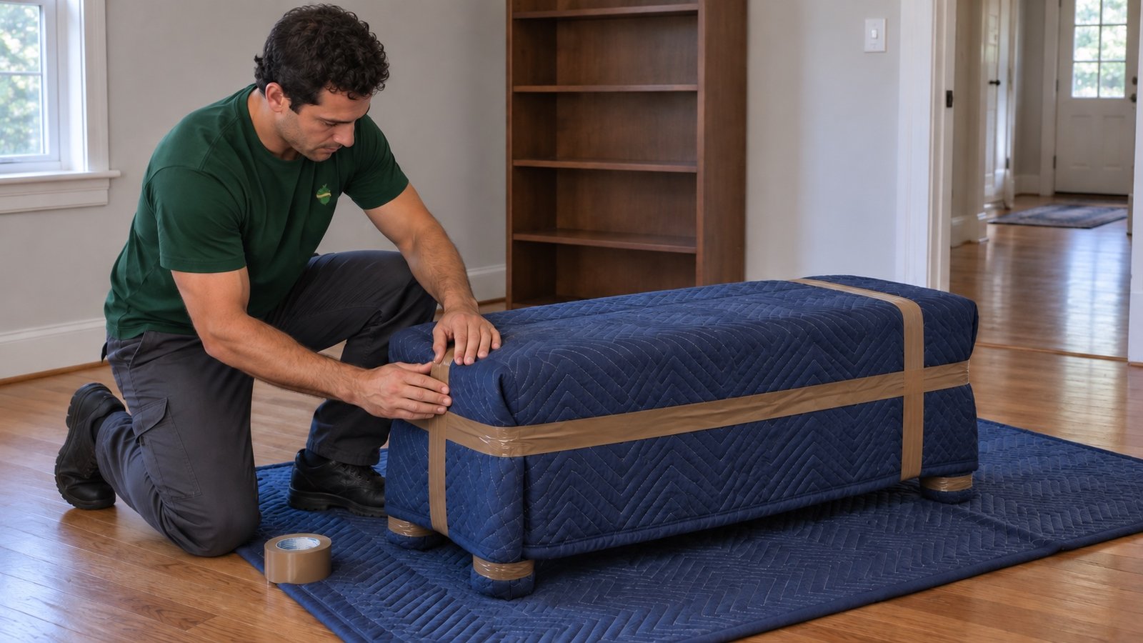 Kneeling mover securing a padded furniture covering with tape, including fabric protection over the feet