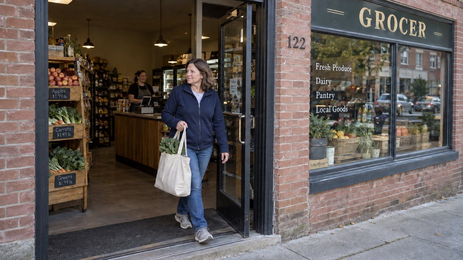 Woman carrying a grocery bag out of a small brick shop with produce shelves and a cashier inside