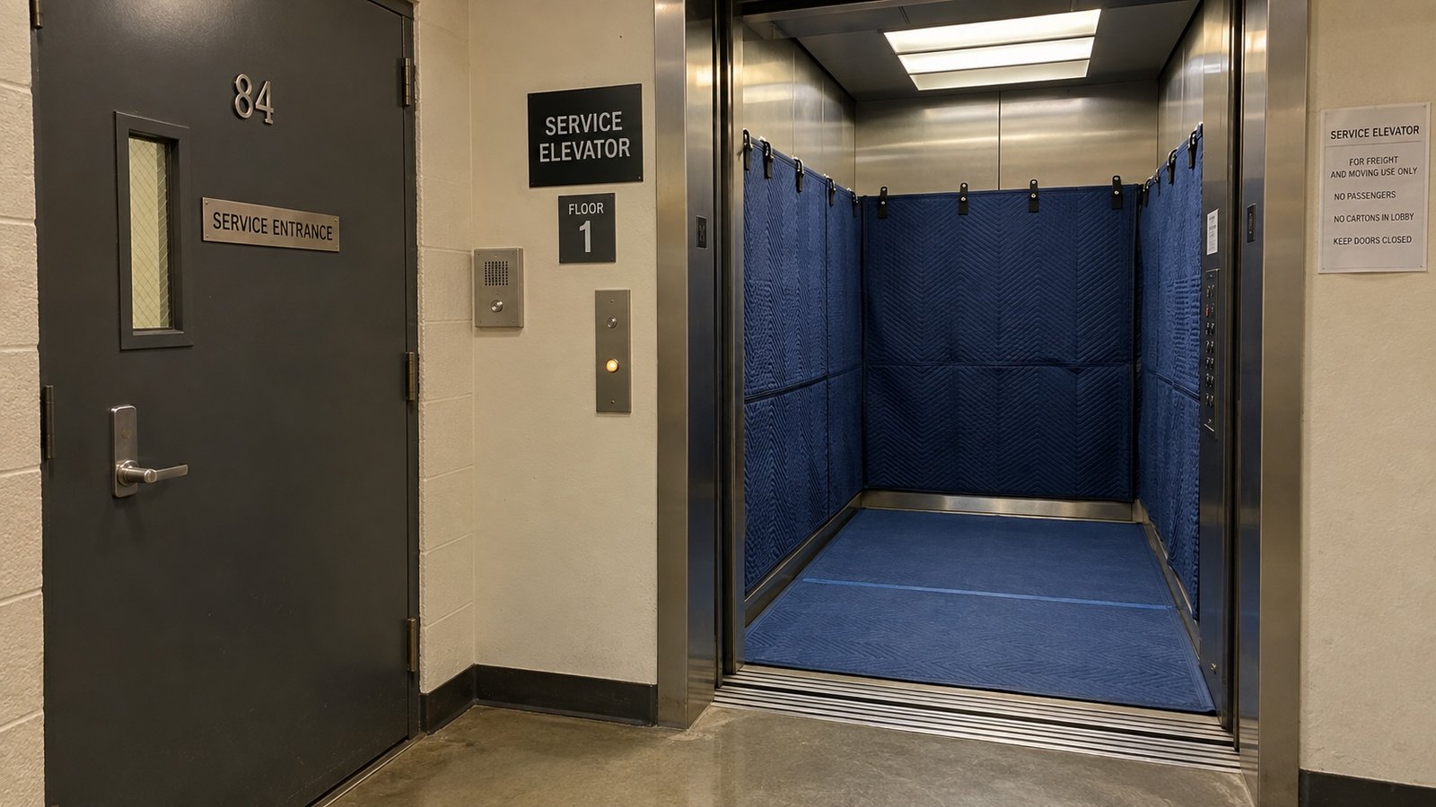 A service entrance door beside an open padded elevator with a clear floor.