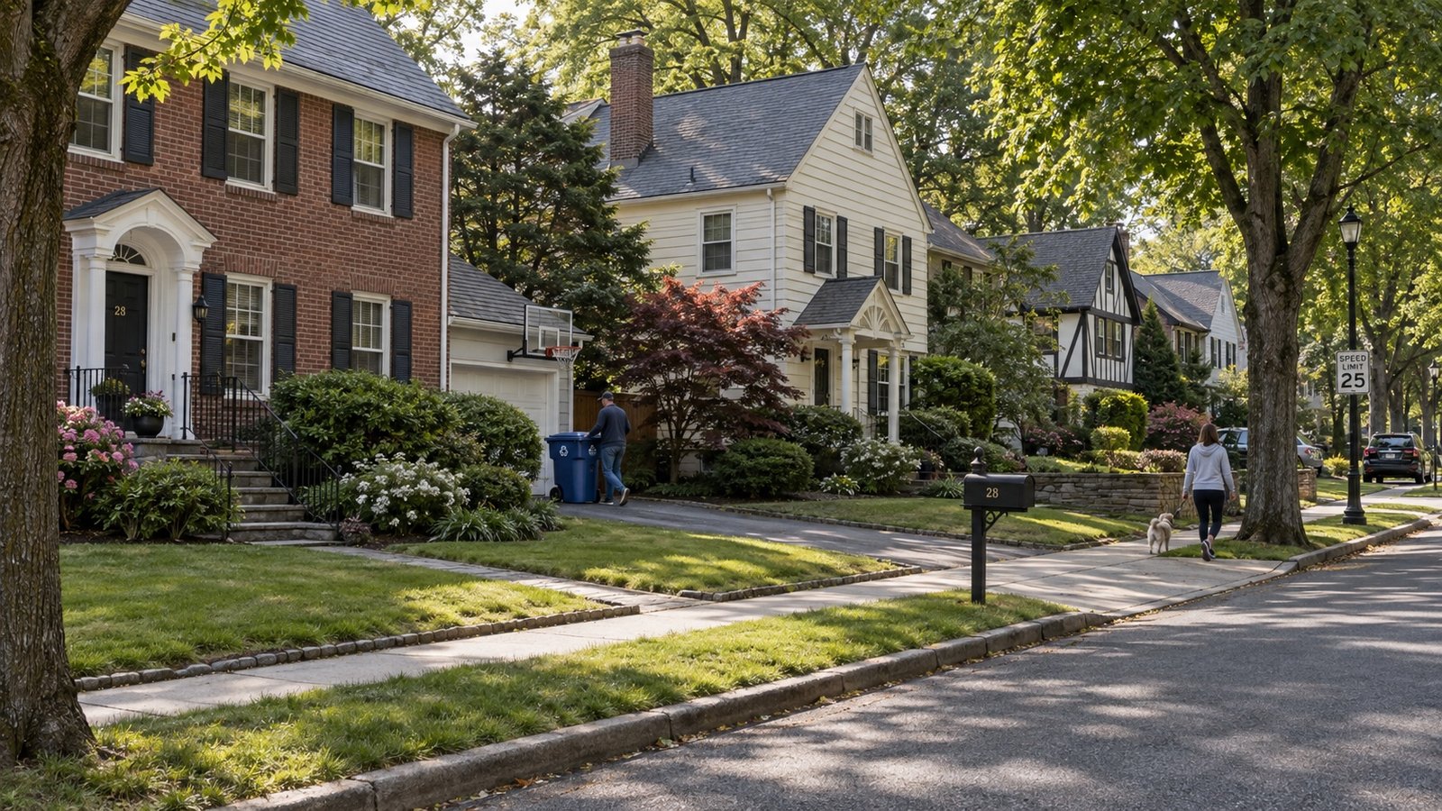 A quiet White Plains neighborhood street of single-family houses with driveways and mature trees.