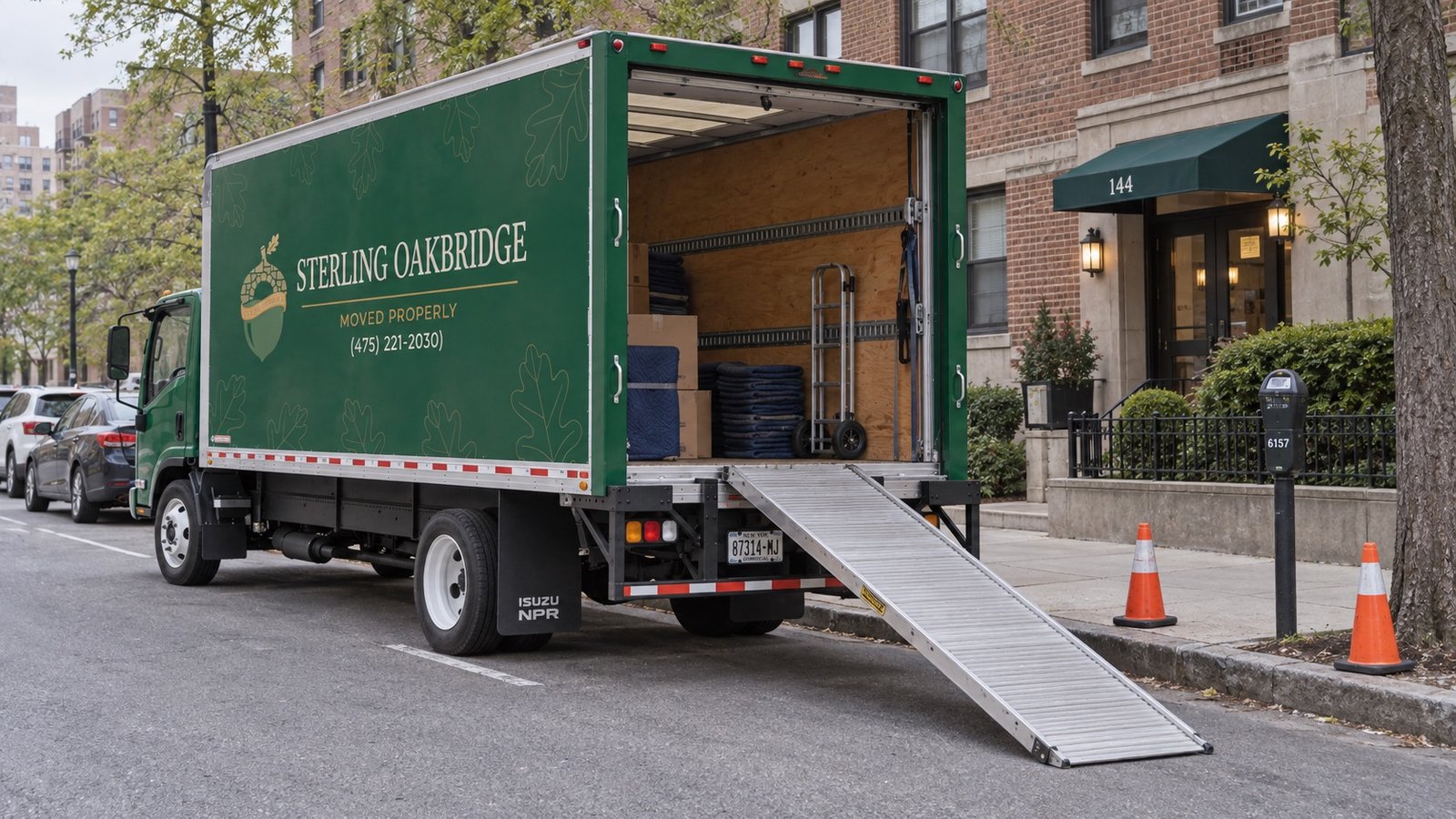 A dark green moving truck with an open rear door and a ramp resting by a metered city curb.