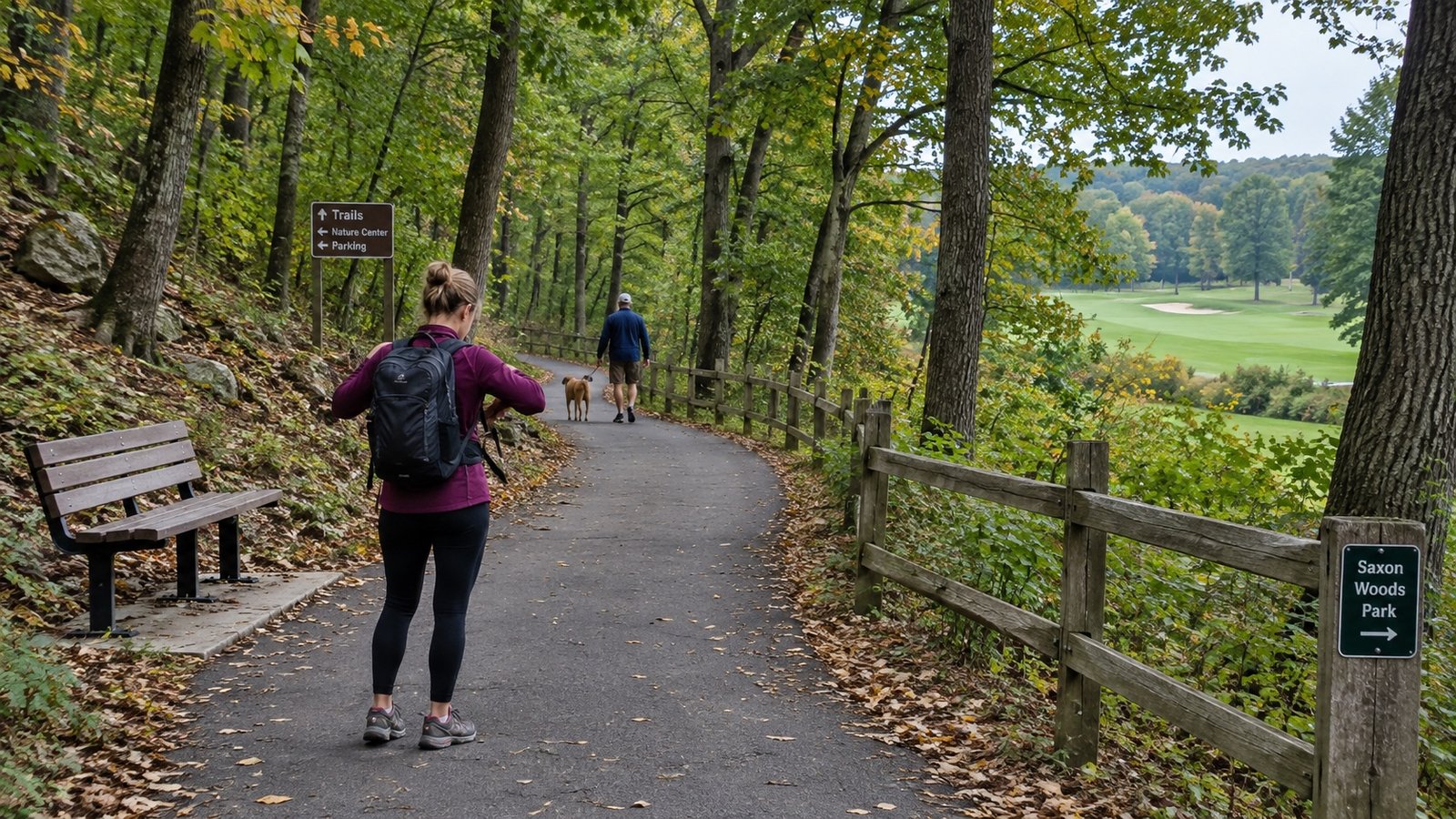 A park path through mature hardwood trees with a distant walker and a glimpse of a golf green.