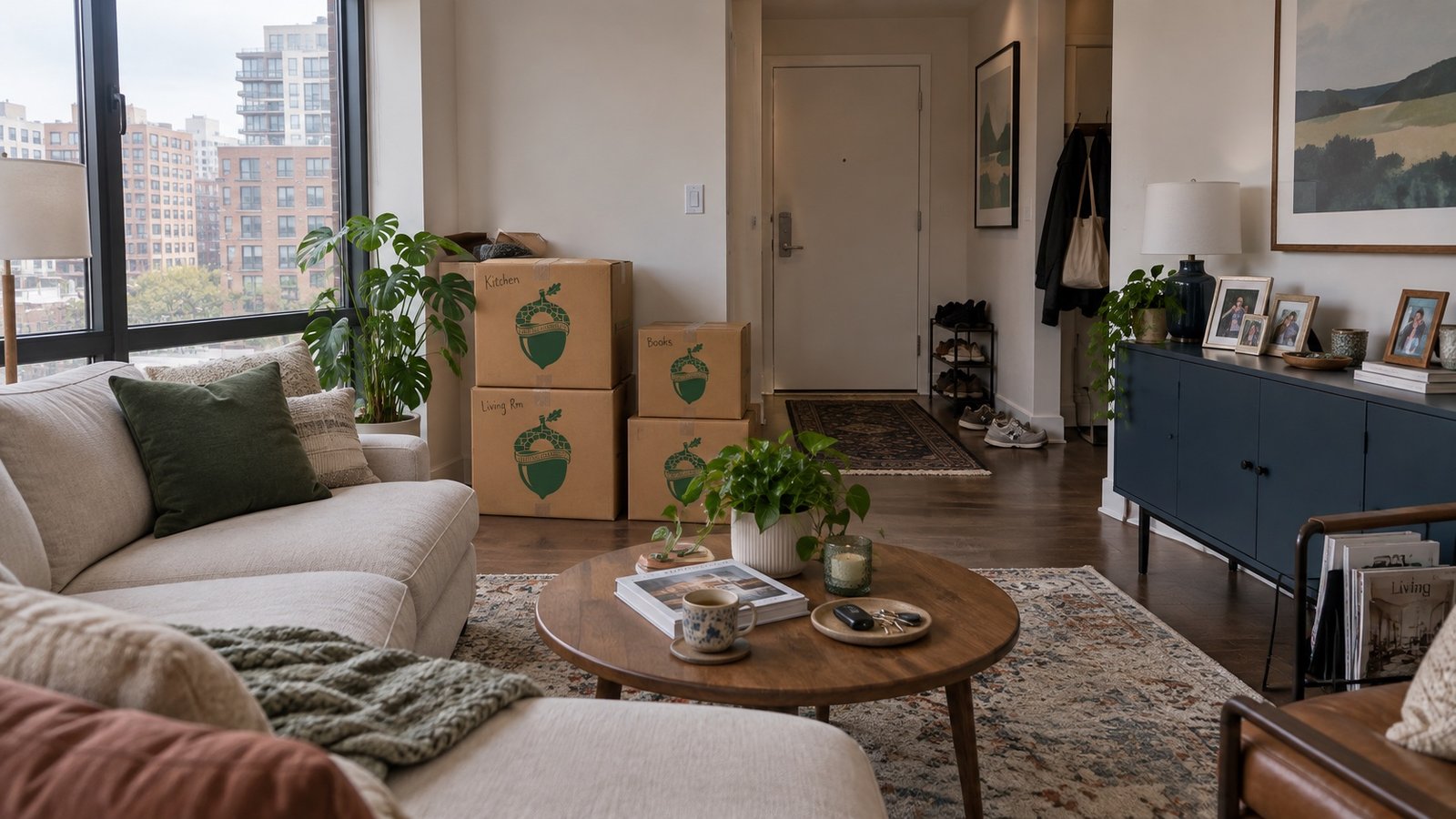 A furnished apartment living room with tall windows and sealed moving boxes stacked by the wall.
