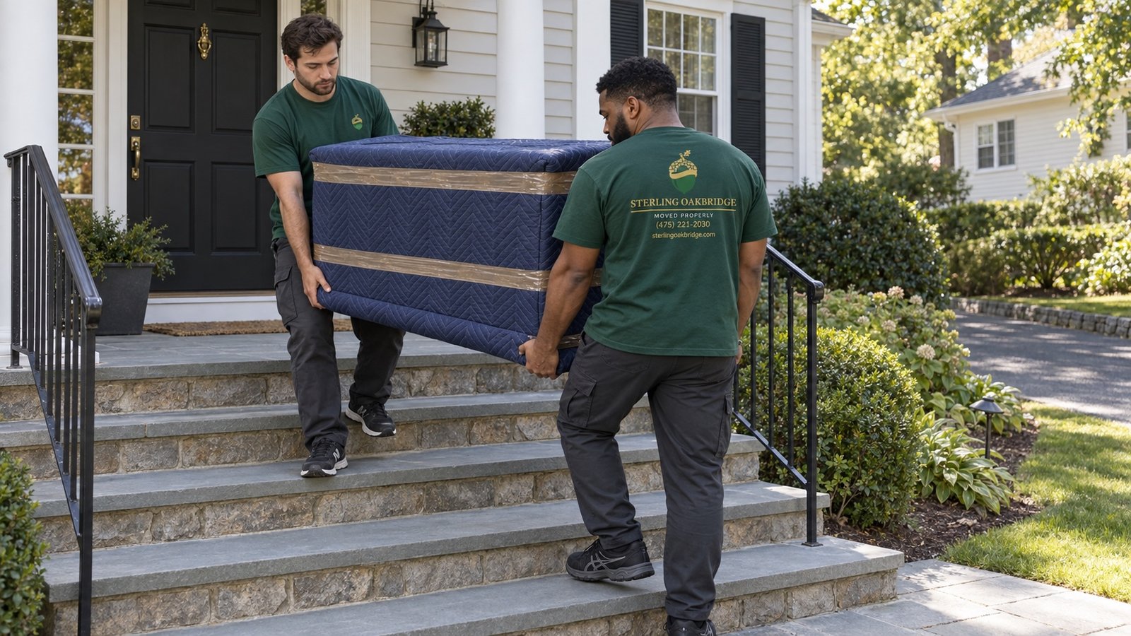 Two movers carrying a fully blanket-wrapped dresser down stone front steps.