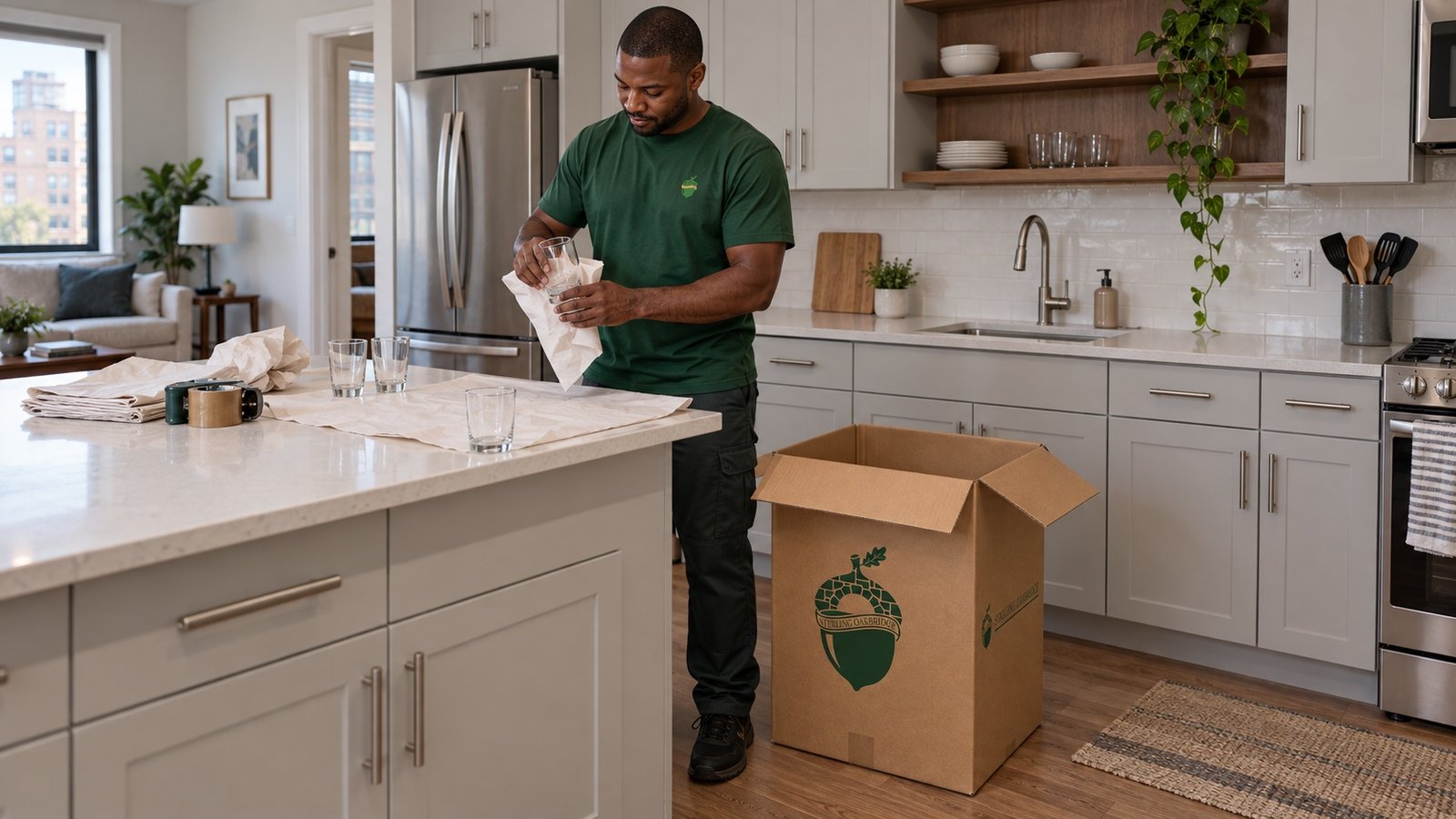 A mover in a green Sterling Oakbridge shirt wrapping a drinking glass beside a branded China carton in an apartment kitchen.