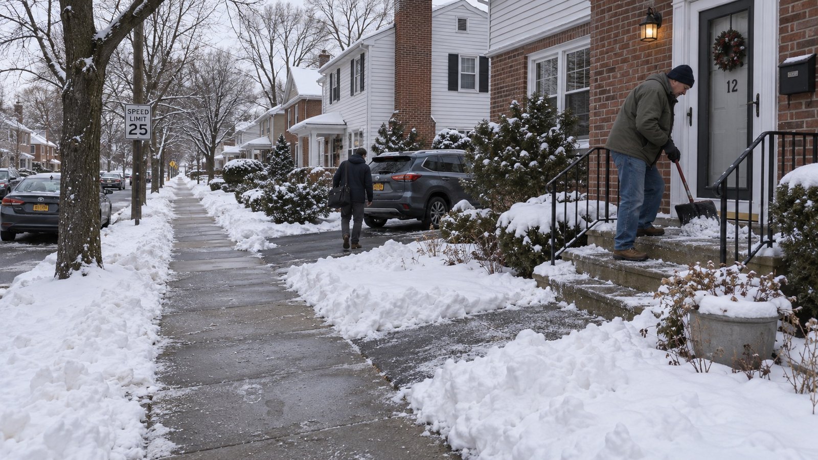 A residential sidewalk after snowfall with a shoveled path, snowbanks along the curb and a parked car.