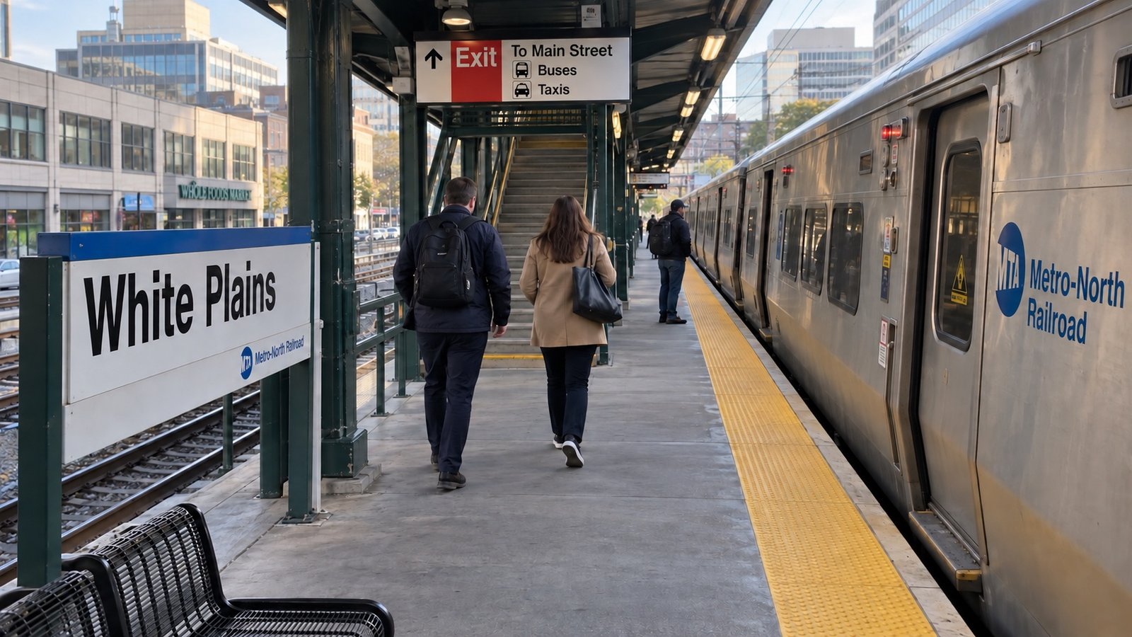 A commuter rail platform with a train alongside and passengers walking toward the exit.