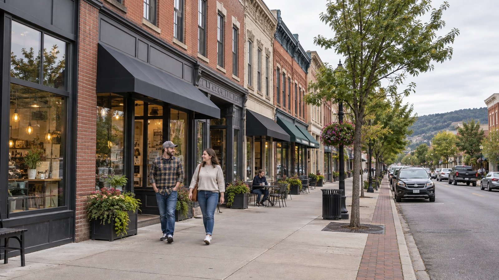 People walking past brick storefronts and dark awnings