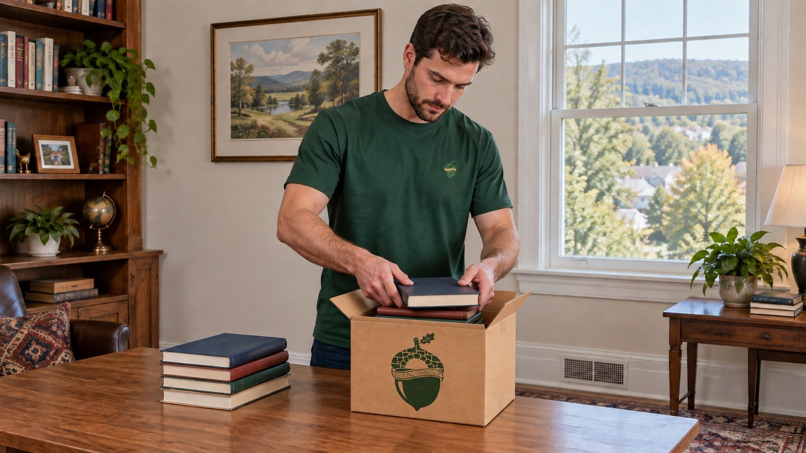 Mover lowering a hardcover book into a small branded carton on a table, with more books stacked beside it