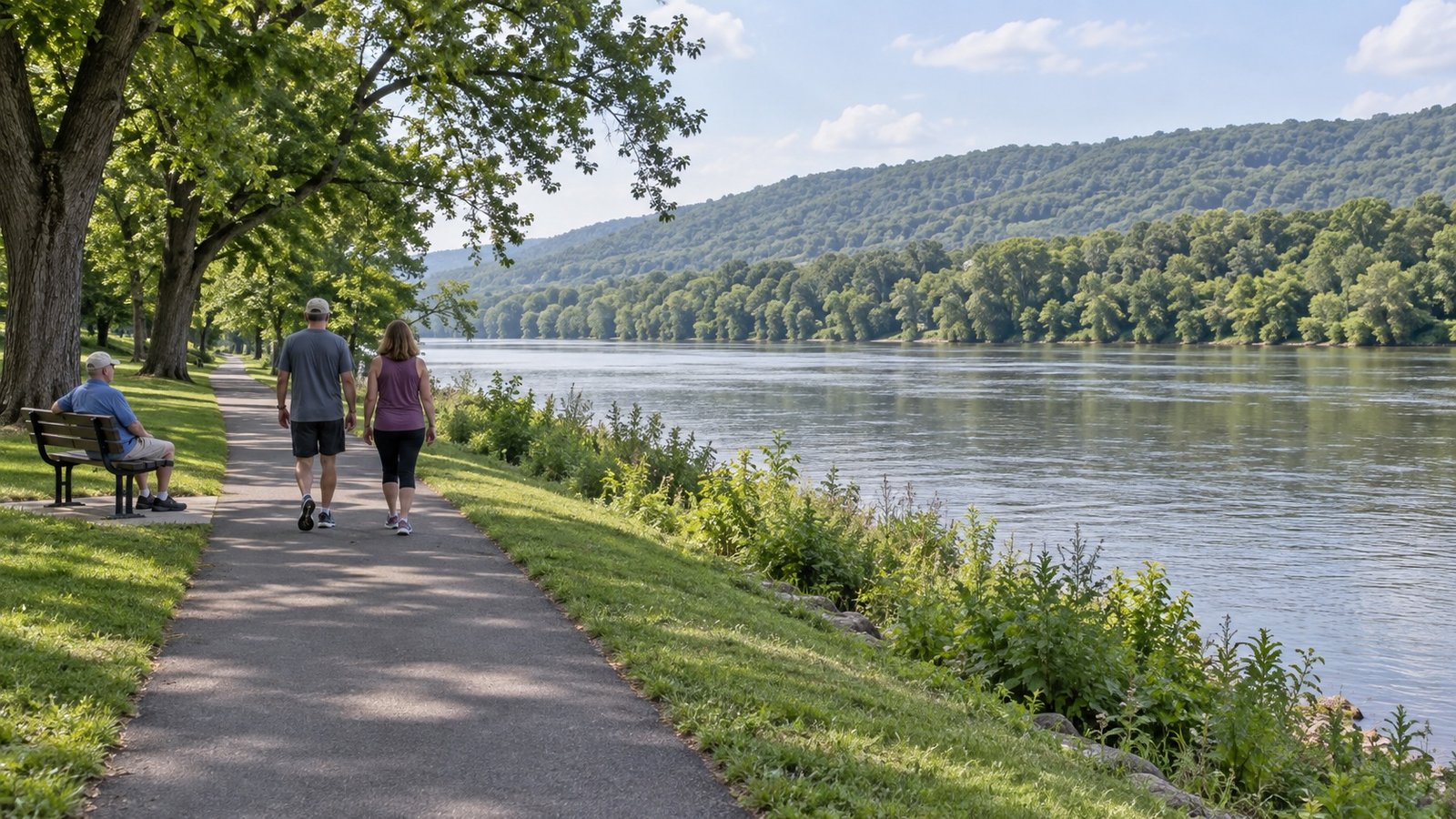 Walkers and a seated person beside a riverfront path and wooded ridge